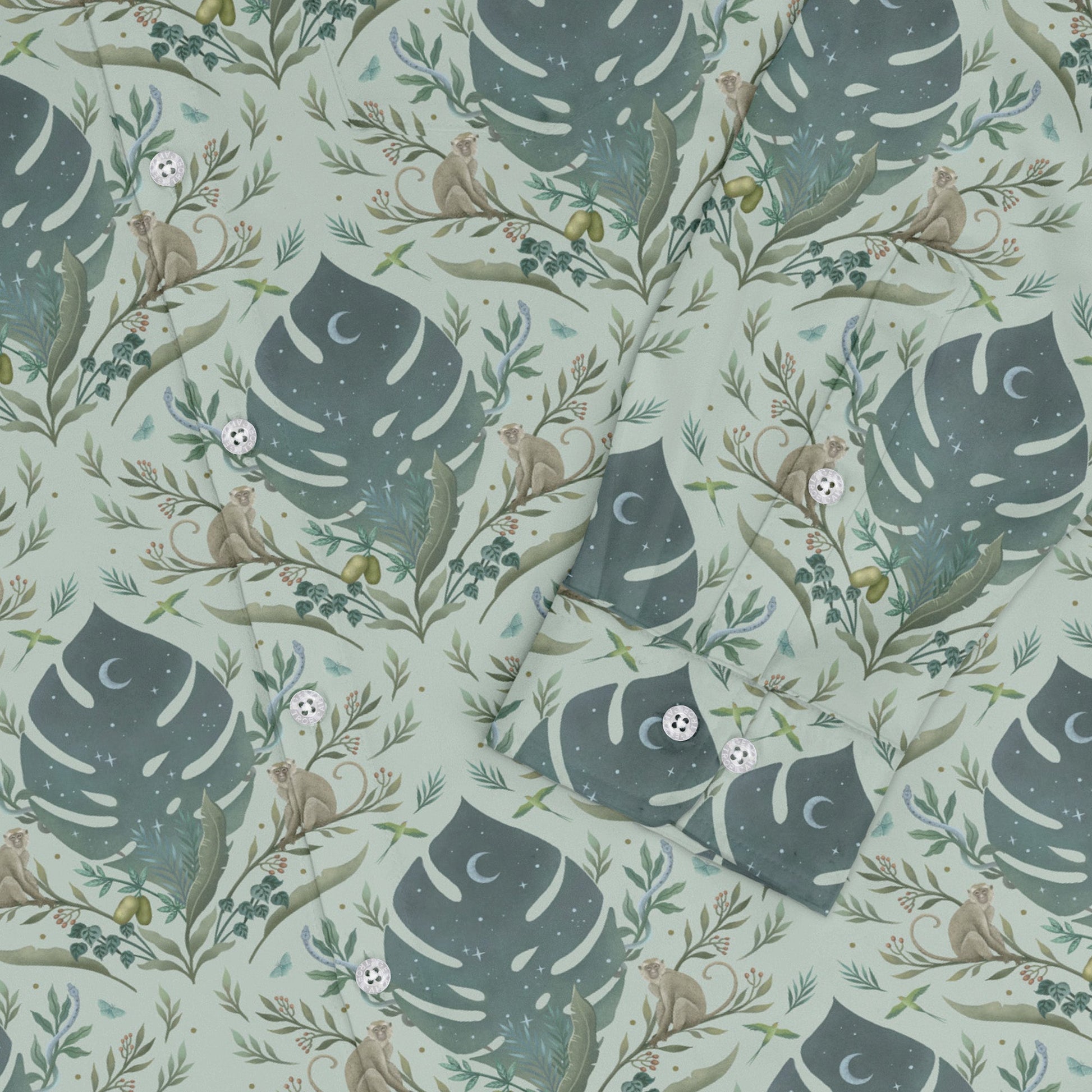 Episodic Tropical Monkey Green Long Sleeve Button Up Shirt Geek Nerd adult sizing Animal Patterns Botany Print