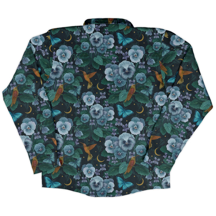 Episodic Violet Night Long Sleeve Button Up Shirt Geek Nerd adult sizing Animal Patterns Botany Print