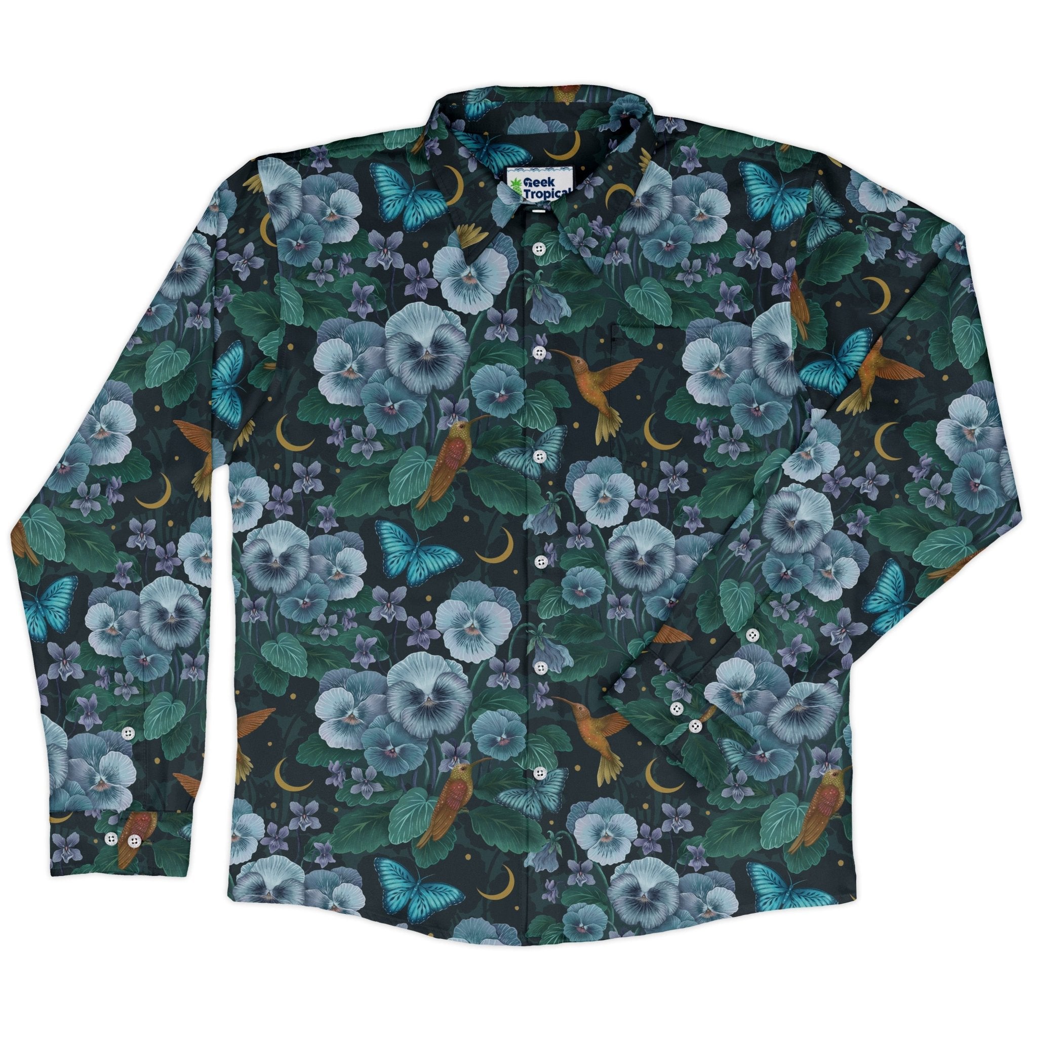 Episodic Violet Night Long Sleeve Button Up Shirt Geek Nerd adult sizing Animal Patterns Botany Print