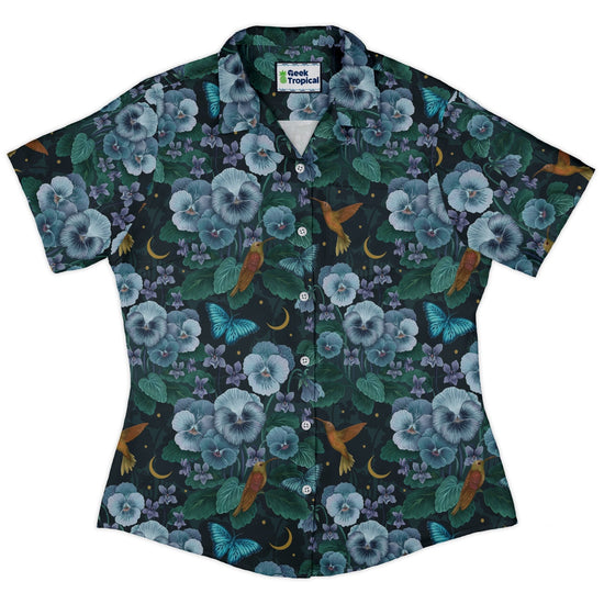 Episodic Violet Night Curvy Button Up Shirt Geek Nerd Animal Patterns Botany Print Design by Episodic