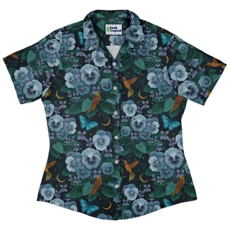 Episodic Violet Night Curvy Button Up Shirt Geek Nerd Animal Patterns Botany Print Design by Episodic