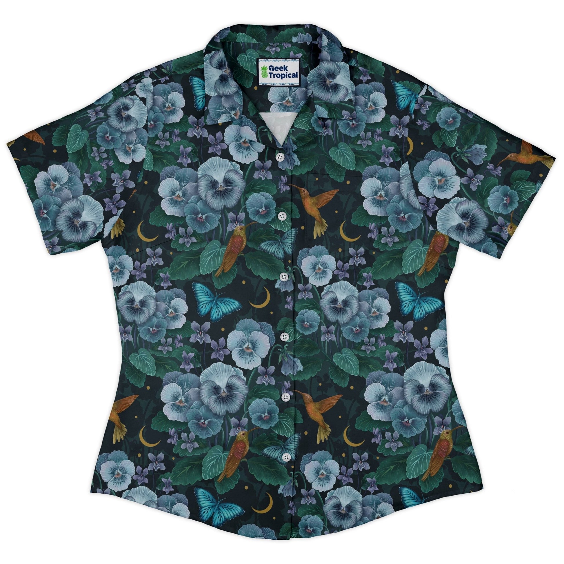 Episodic Violet Night Curvy Button Up Shirt Geek Nerd Animal Patterns Botany Print Design by Episodic