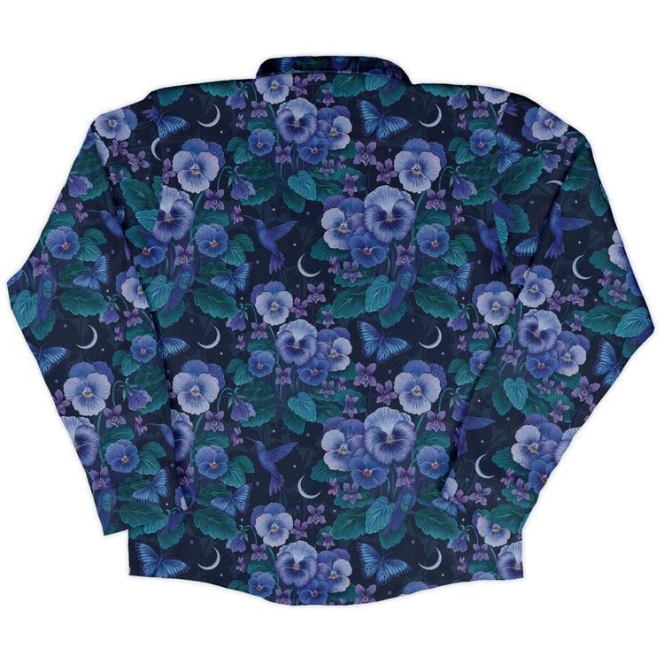 Episodic Violet Purple Night Long Sleeve Button Up Shirt Geek Nerd adult sizing Animal Patterns Botany Print