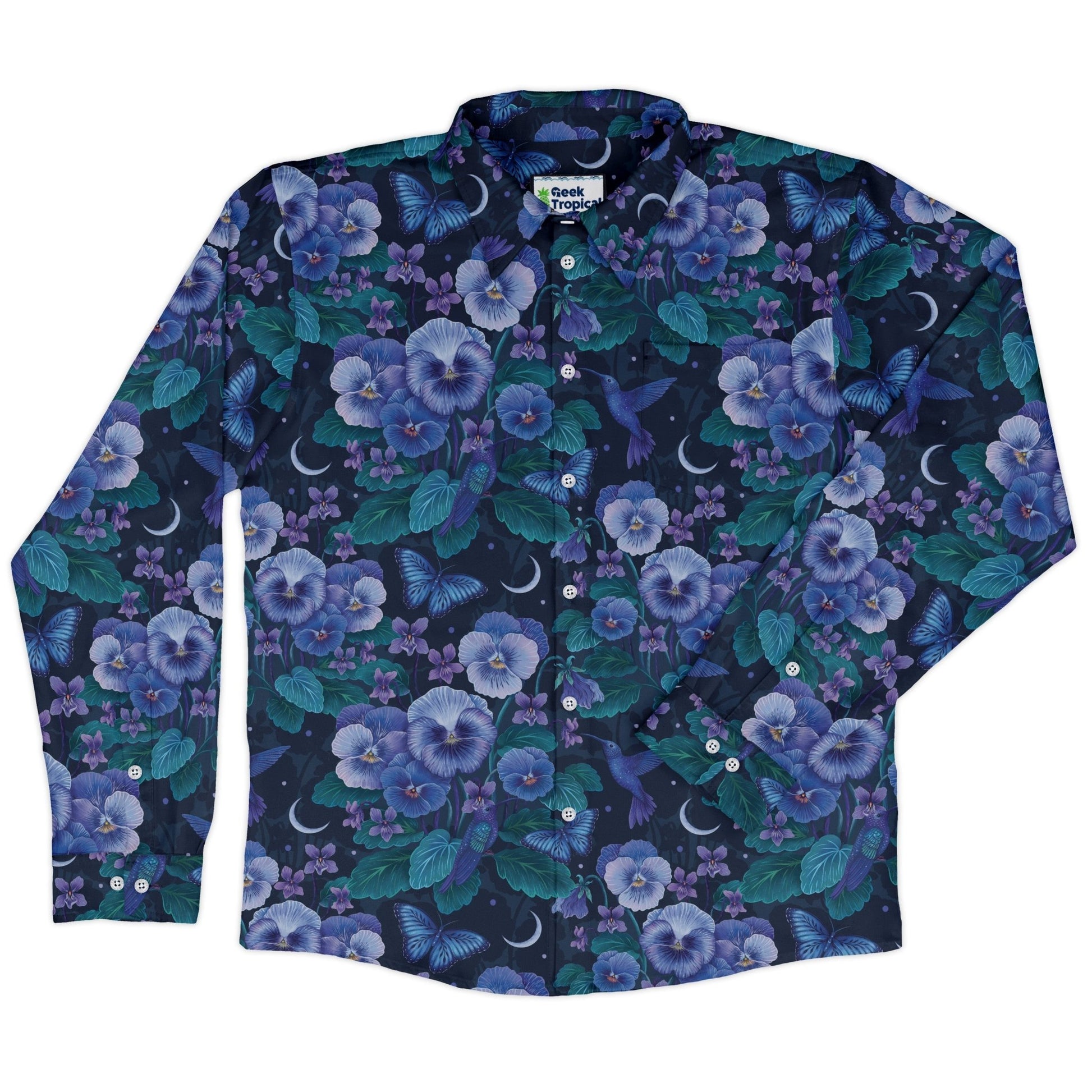 Episodic Violet Purple Night Long Sleeve Button Up Shirt Geek Nerd adult sizing Animal Patterns Botany Print