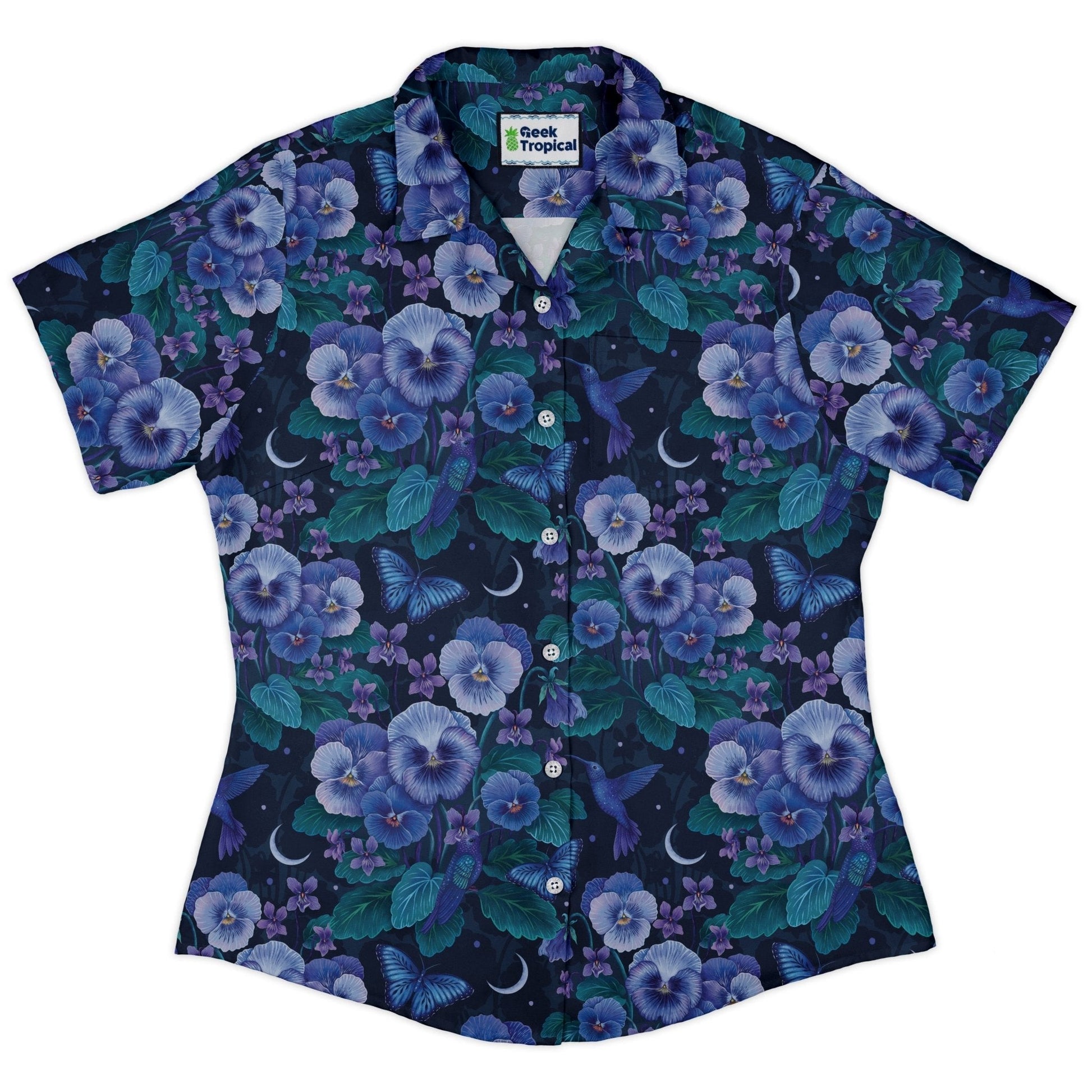 Clearance Ready - to - Ship Episodic Violet Purple Night Curvy Button Up Shirt Geek Nerd Animal Patterns Botany Print Clearance