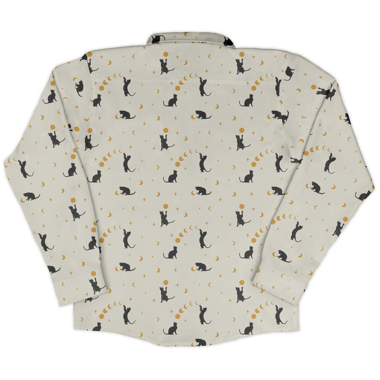 Episodic cat catching the moon Long Sleeve Button Up Shirt Geek Nerd adult sizing Animal Patterns Design by Episodic