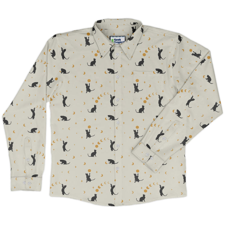 Episodic cat catching the moon Long Sleeve Button Up Shirt Geek Nerd adult sizing Animal Patterns Design by Episodic