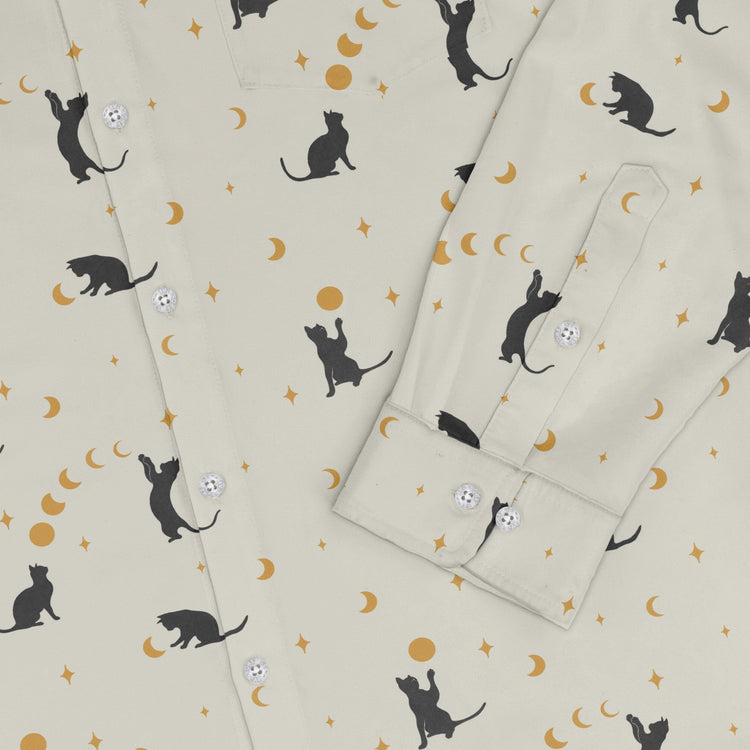 Episodic cat catching the moon Long Sleeve Button Up Shirt Geek Nerd adult sizing Animal Patterns Design by Episodic