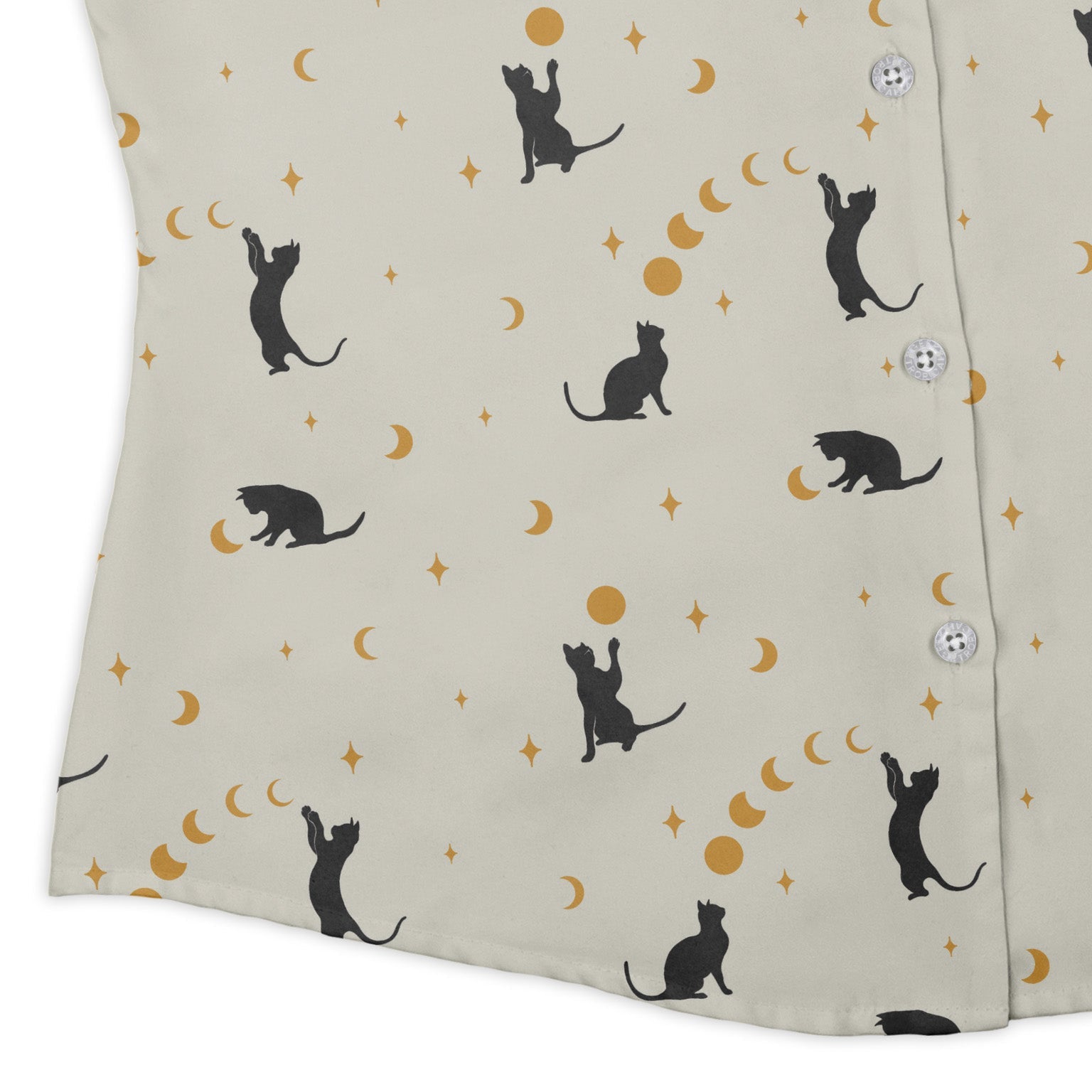 Episodic cat catching the moon Curvy Button Up Shirt Geek Nerd Animal Patterns Design by Episodic outer space & astronaut print