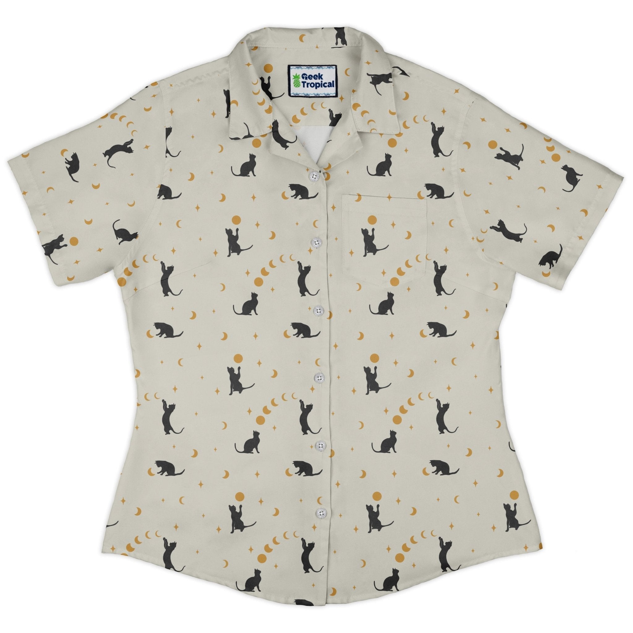Clearance Ready - to - Ship Episodic cat catching the moon Curvy Button Up Shirt Geek Nerd Animal Patterns Clearance Design by Episodic