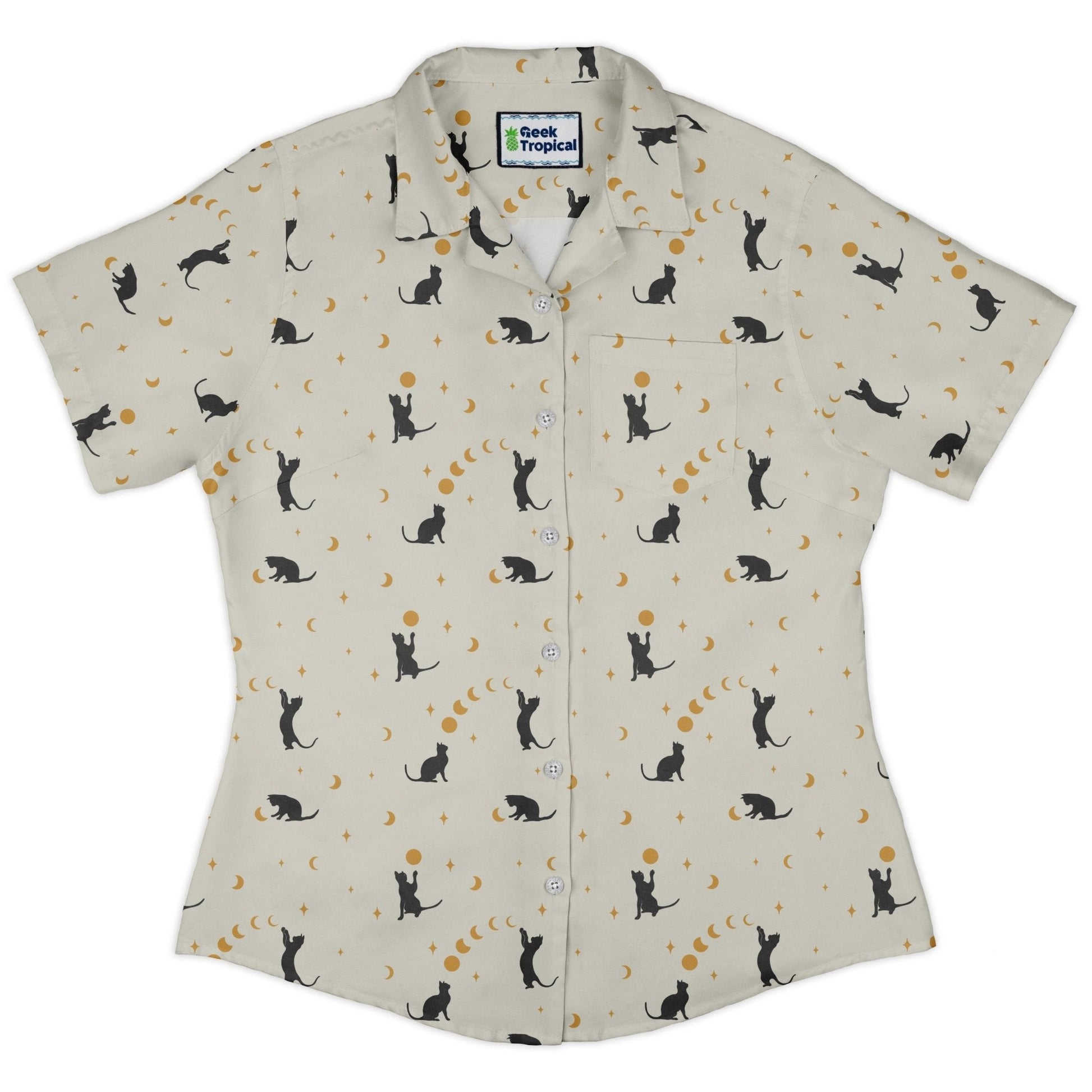 Clearance Ready - to - Ship Episodic cat catching the moon Curvy Button Up Shirt Geek Nerd Animal Patterns Clearance Design by Episodic