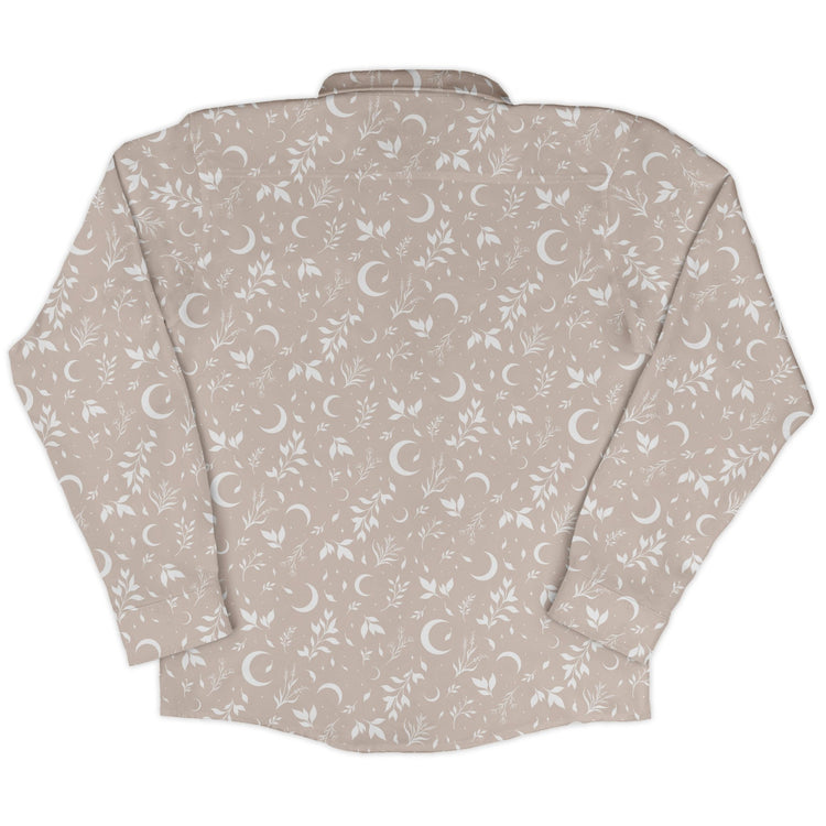 Episodic crescent moon garden biege Long Sleeve Button Up Shirt Geek Nerd adult sizing Botany Print Design by Episodic