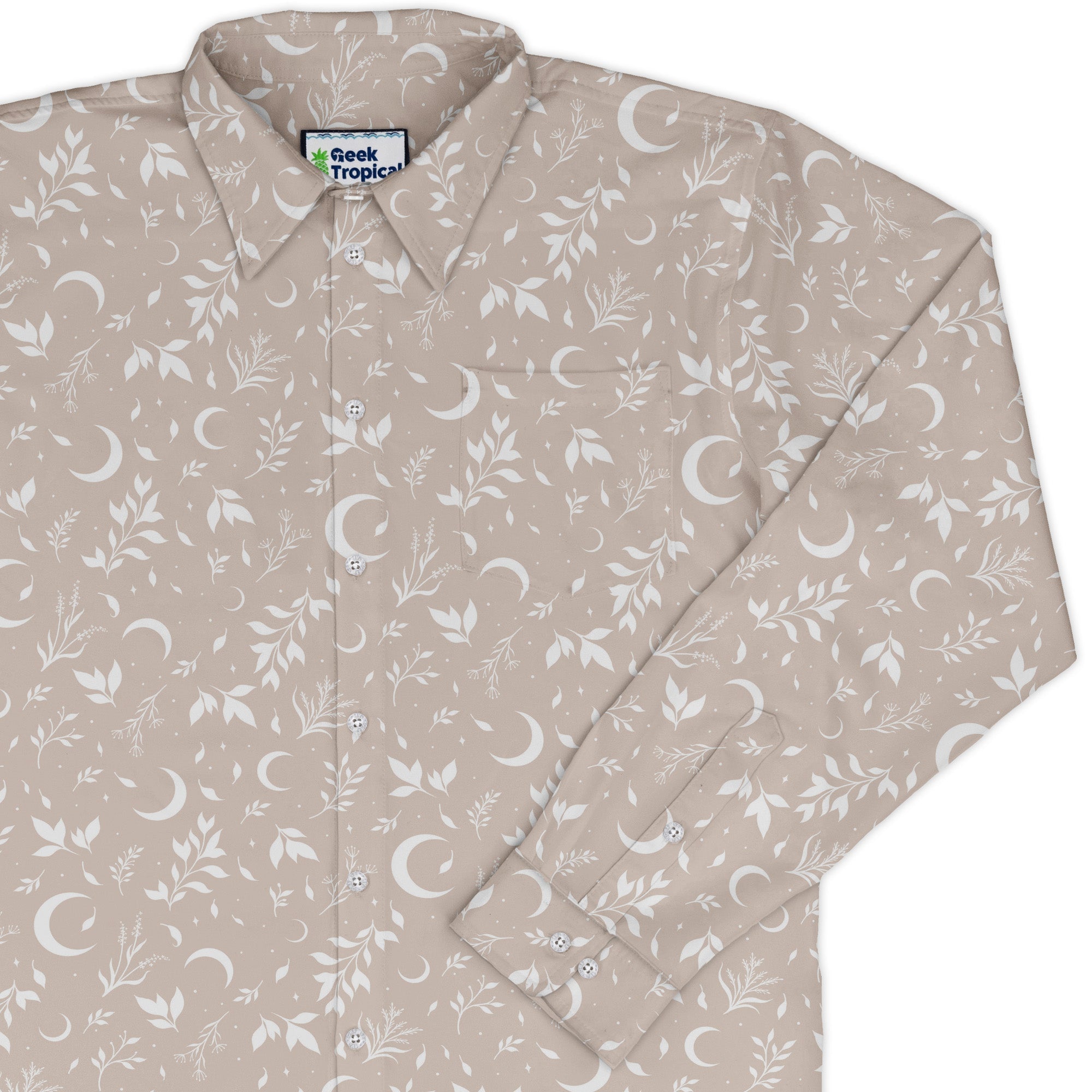 Episodic crescent moon garden biege Long Sleeve Button Up Shirt Geek Nerd adult sizing Botany Print Design by Episodic