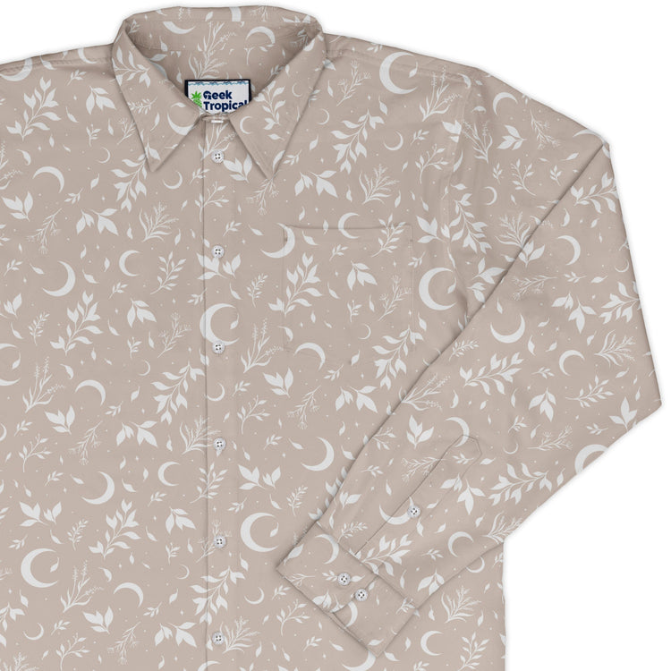 Episodic crescent moon garden biege Long Sleeve Button Up Shirt Geek Nerd adult sizing Botany Print Design by Episodic