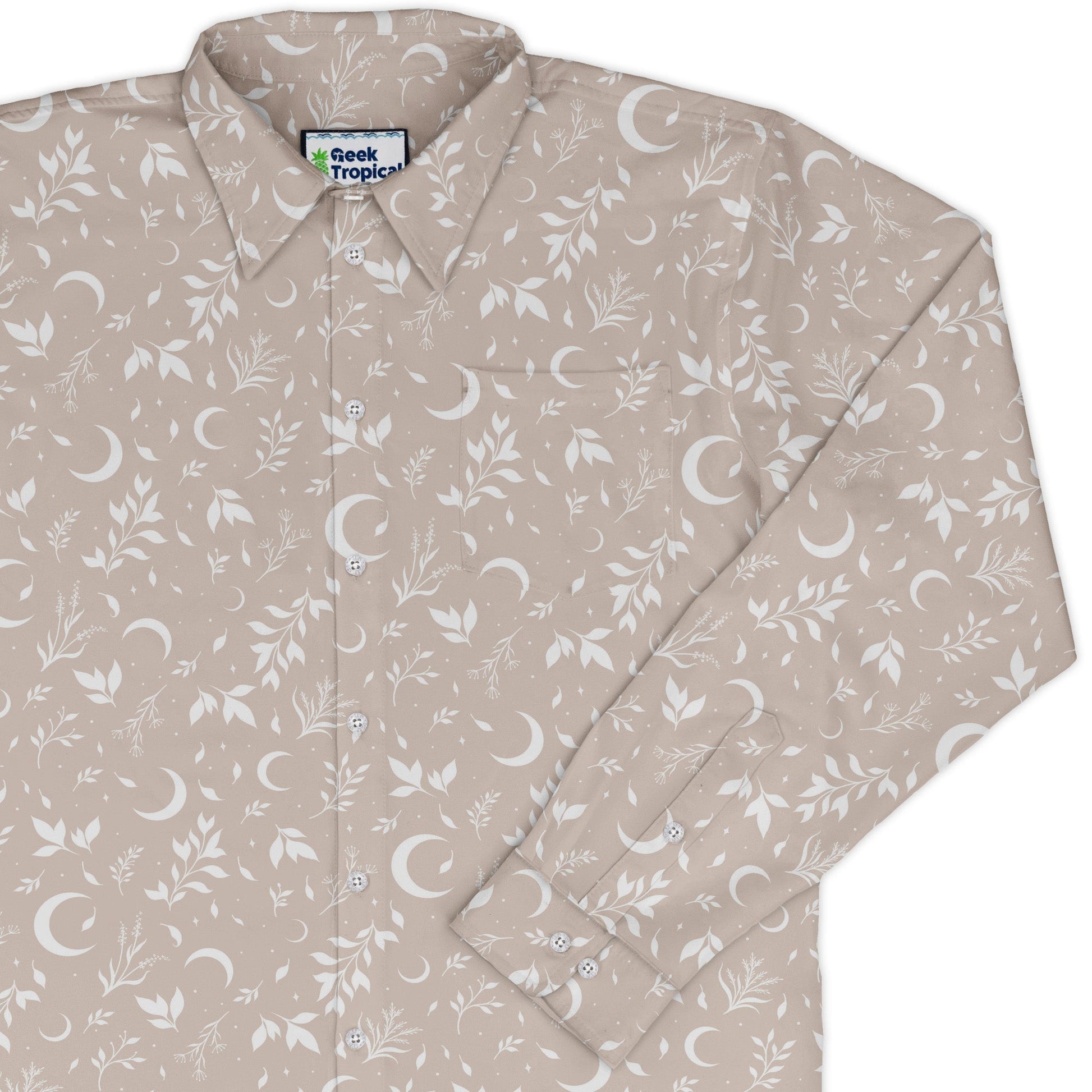 Episodic crescent moon garden biege Long Sleeve Button Up Shirt Geek Nerd adult sizing Botany Print Design by Episodic
