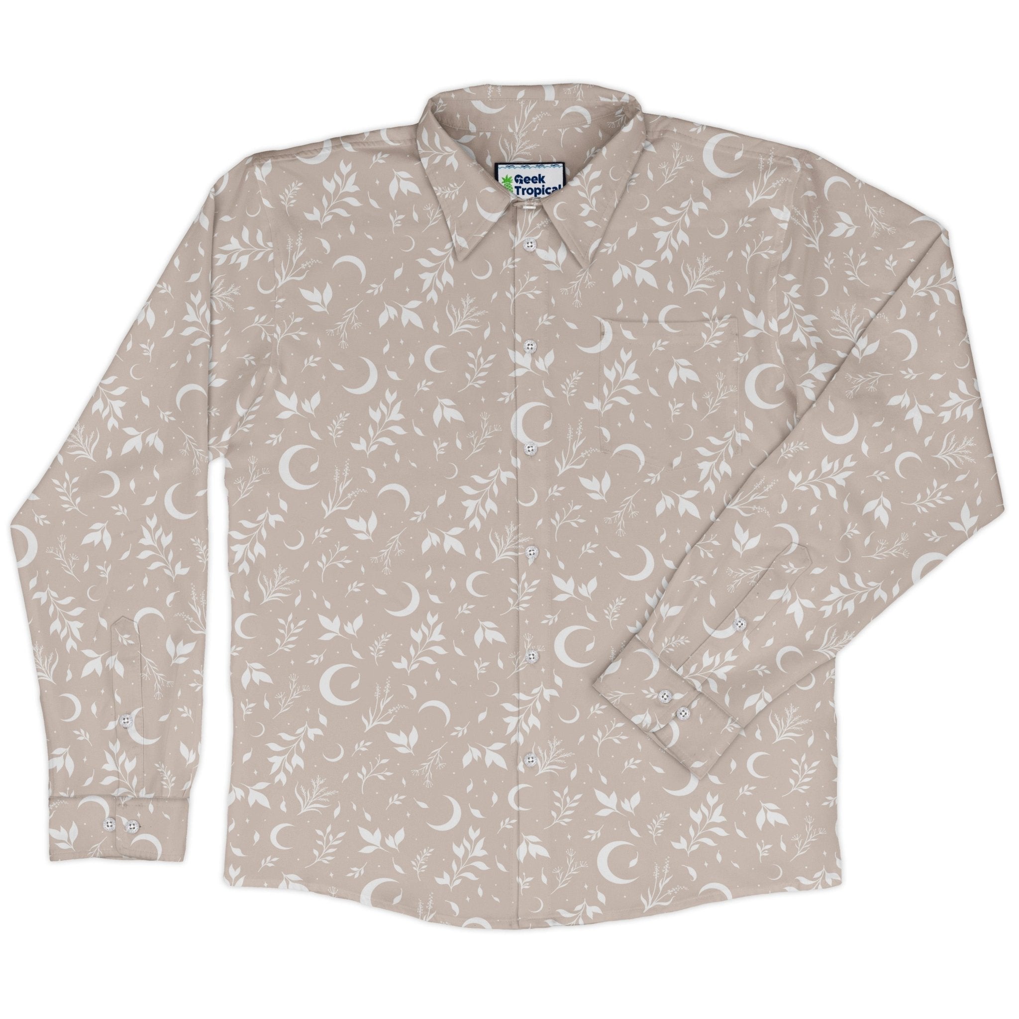 Episodic crescent moon garden biege Long Sleeve Button Up Shirt Geek Nerd adult sizing Botany Print Design by Episodic