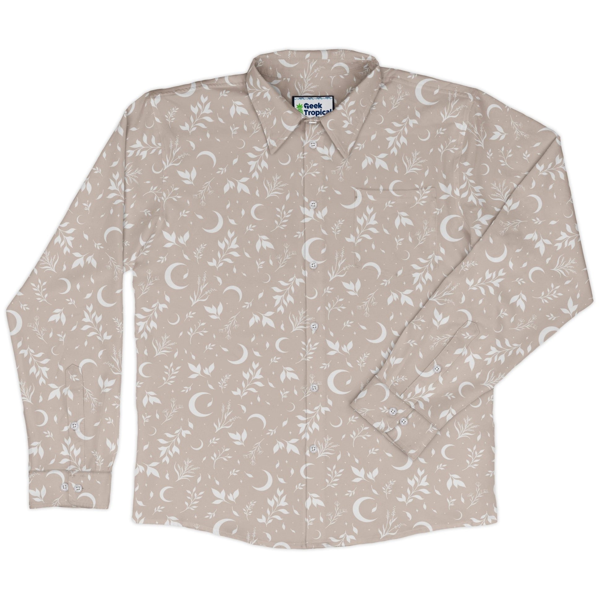 Episodic crescent moon garden biege Long Sleeve Button Up Shirt Geek Nerd adult sizing Botany Print Design by Episodic