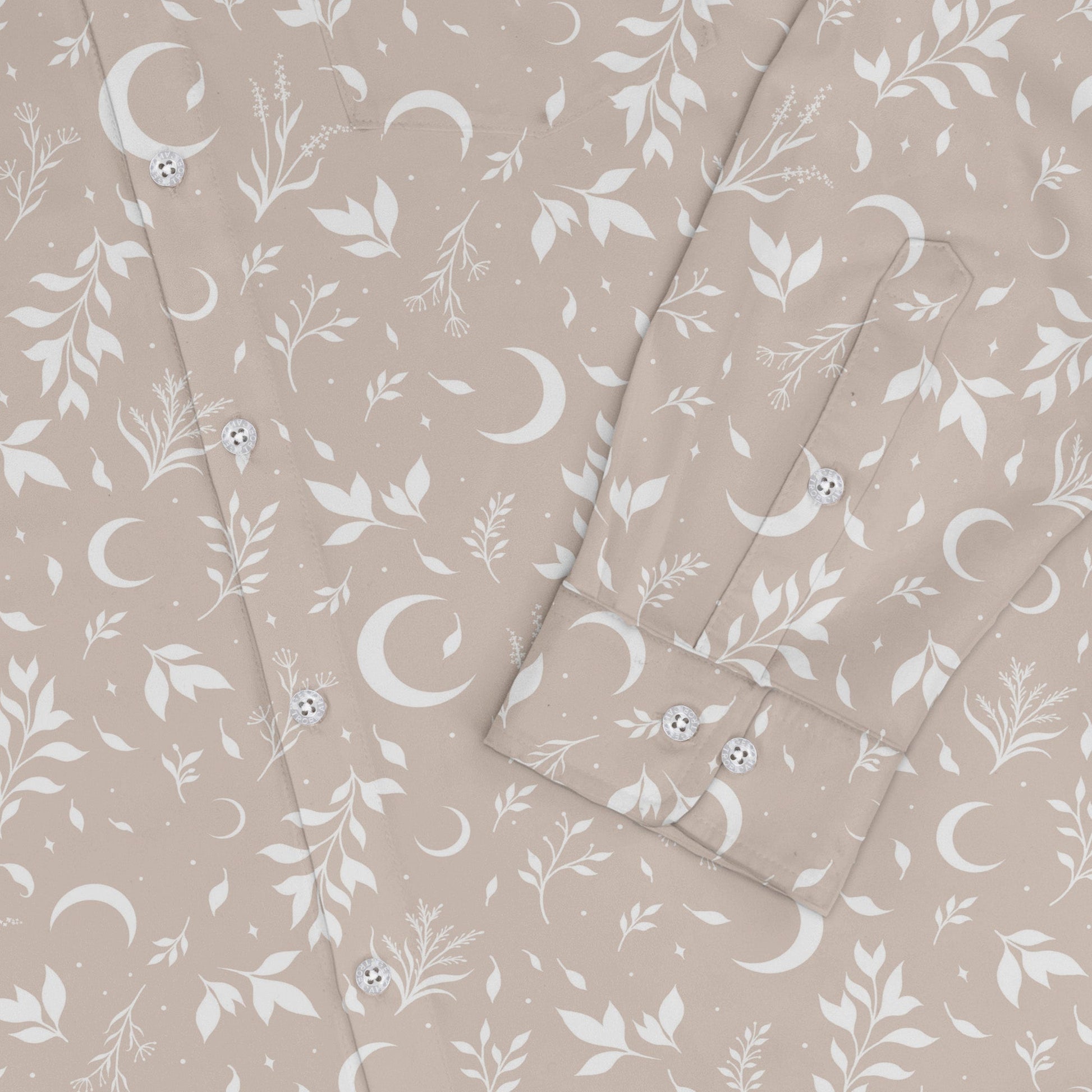 Episodic crescent moon garden biege Long Sleeve Button Up Shirt Geek Nerd adult sizing Botany Print Design by Episodic