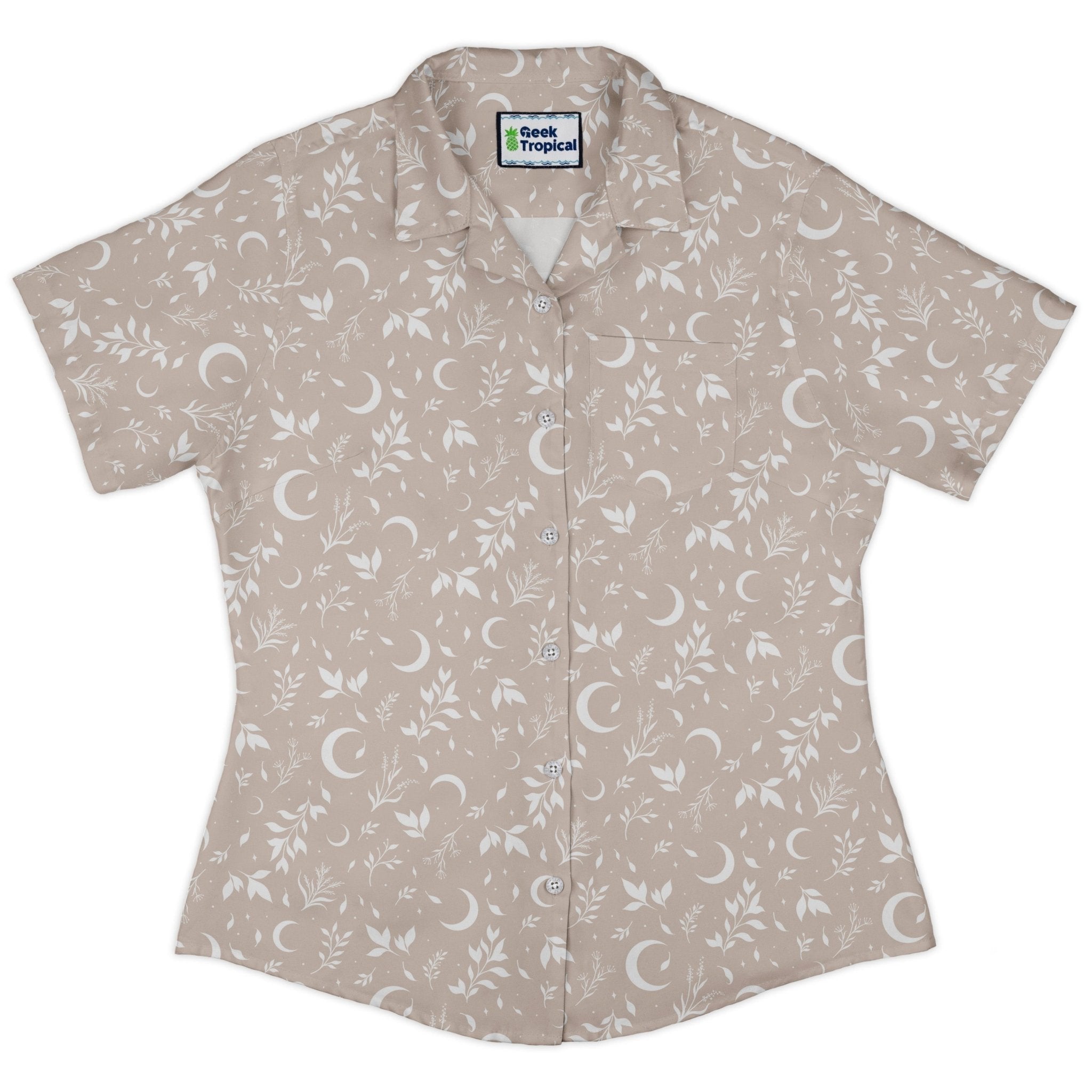 Clearance Ready - to - Ship Episodic crescent moon garden biege Curvy Button Up Shirt Geek Nerd Botany Print Clearance Design by Episodic