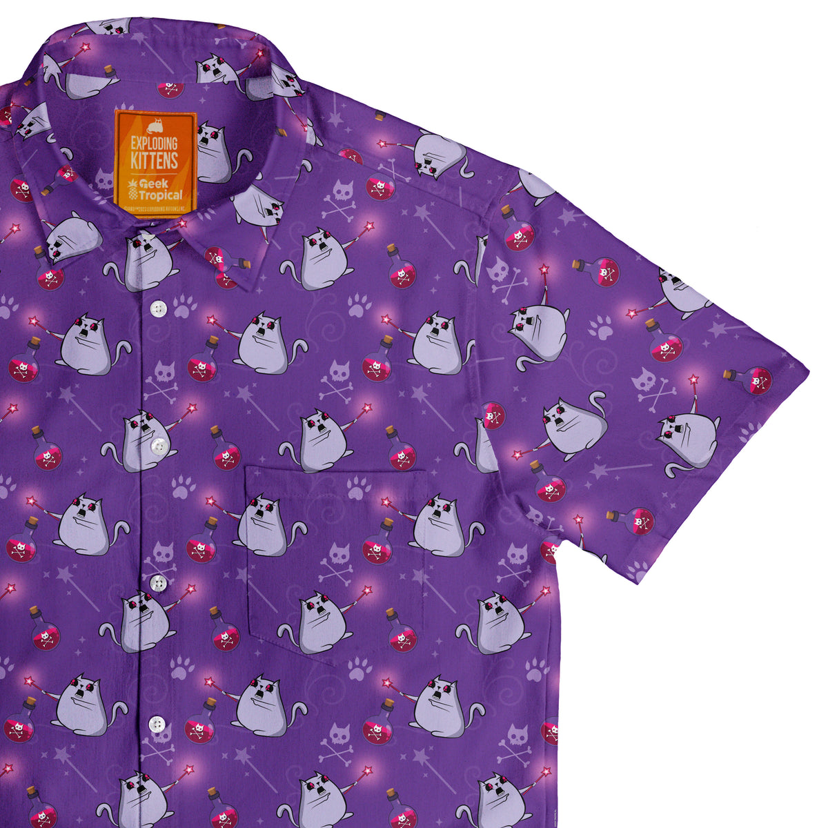 Exploding Kittens Curses Button Up Shirt Top Corner