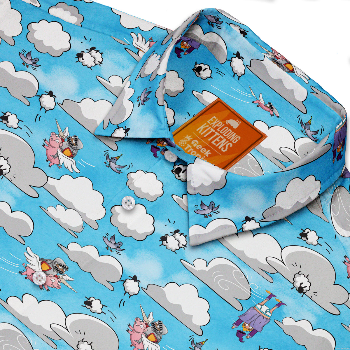 Exploding Kittens Pigasus Joust Button Up Shirt Neck