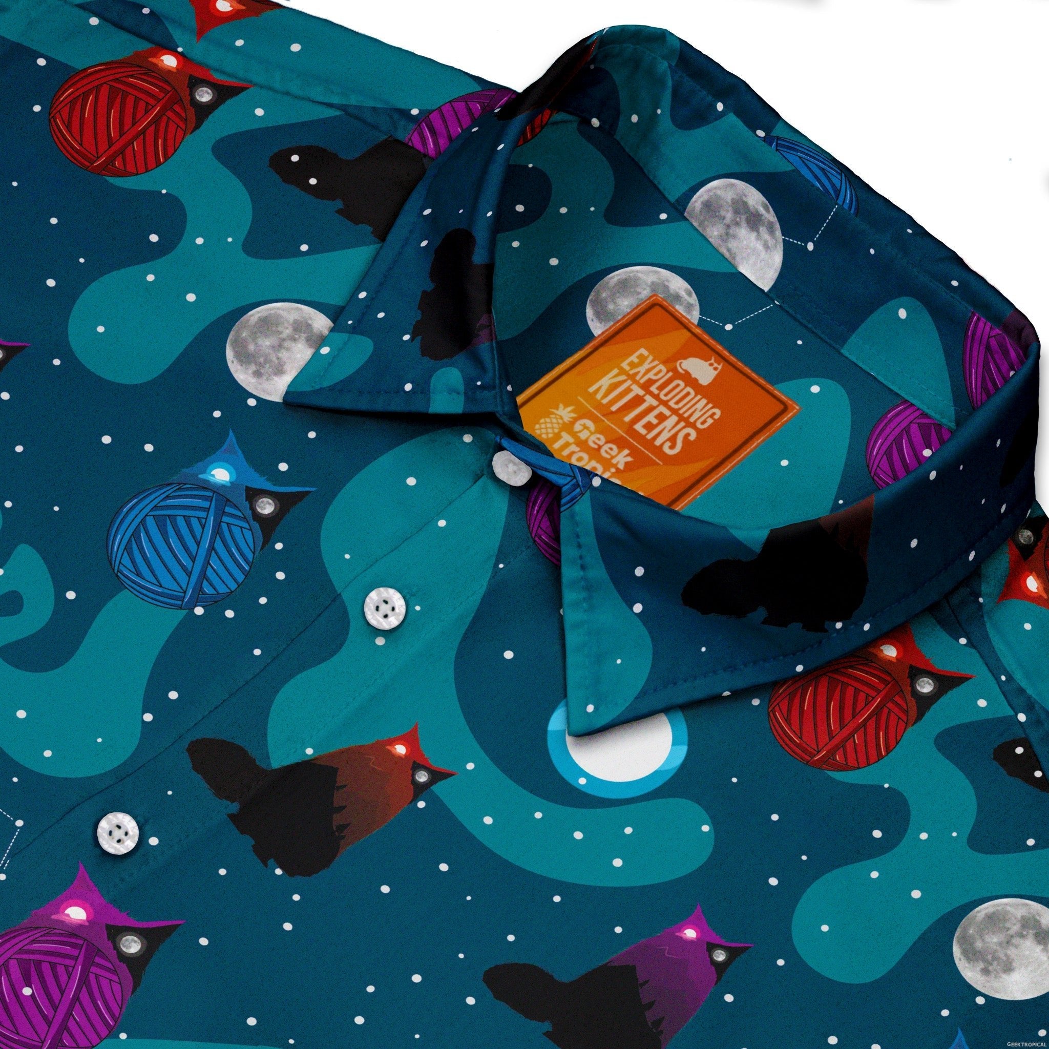 Exploding Button Cat Exploding Kittens Day and Night Sky Cats Button Up Shirt | Geek Tropical