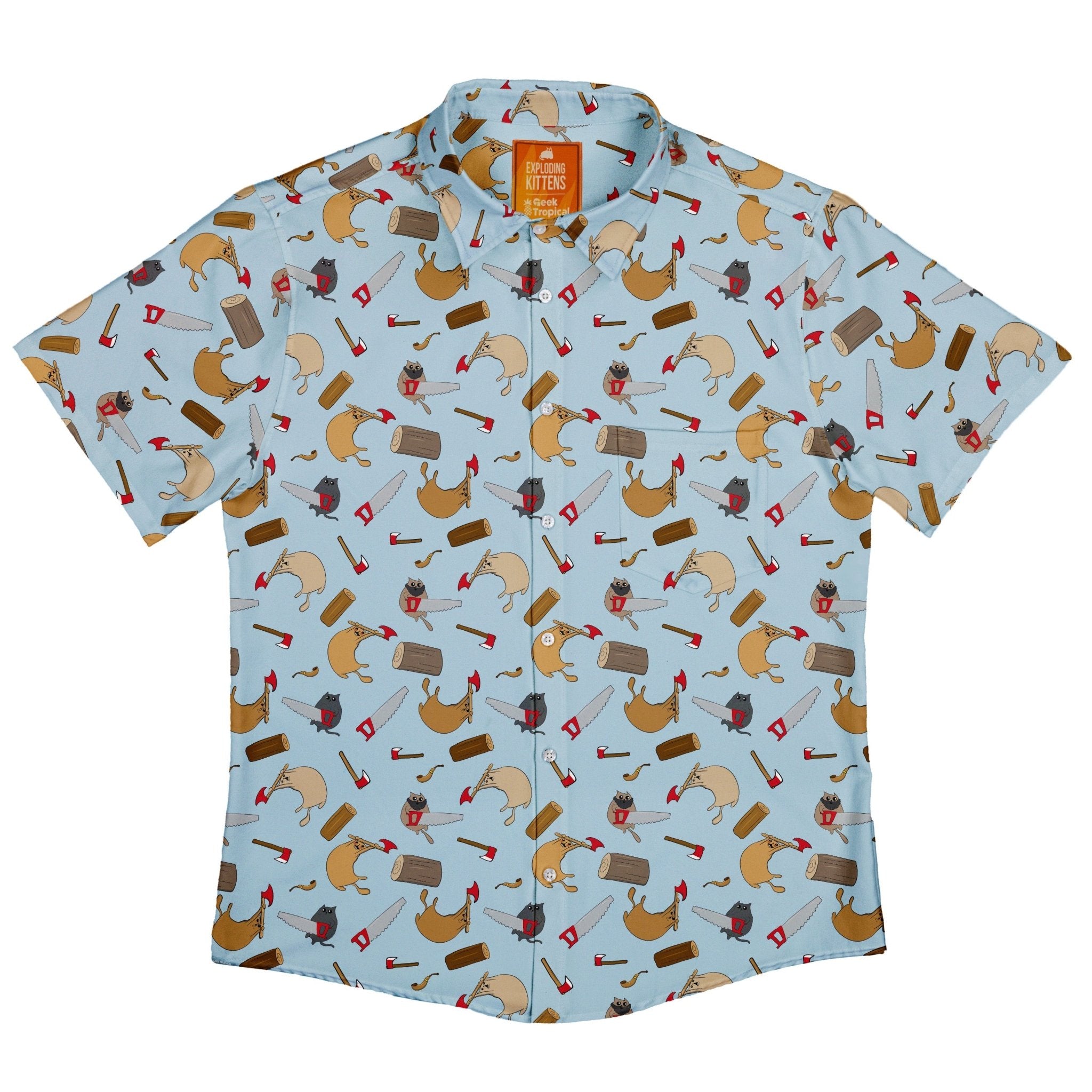 Exploding Kittens Lumber Cats Button Up Shirt - adult sizing - Animal Patterns - board game print