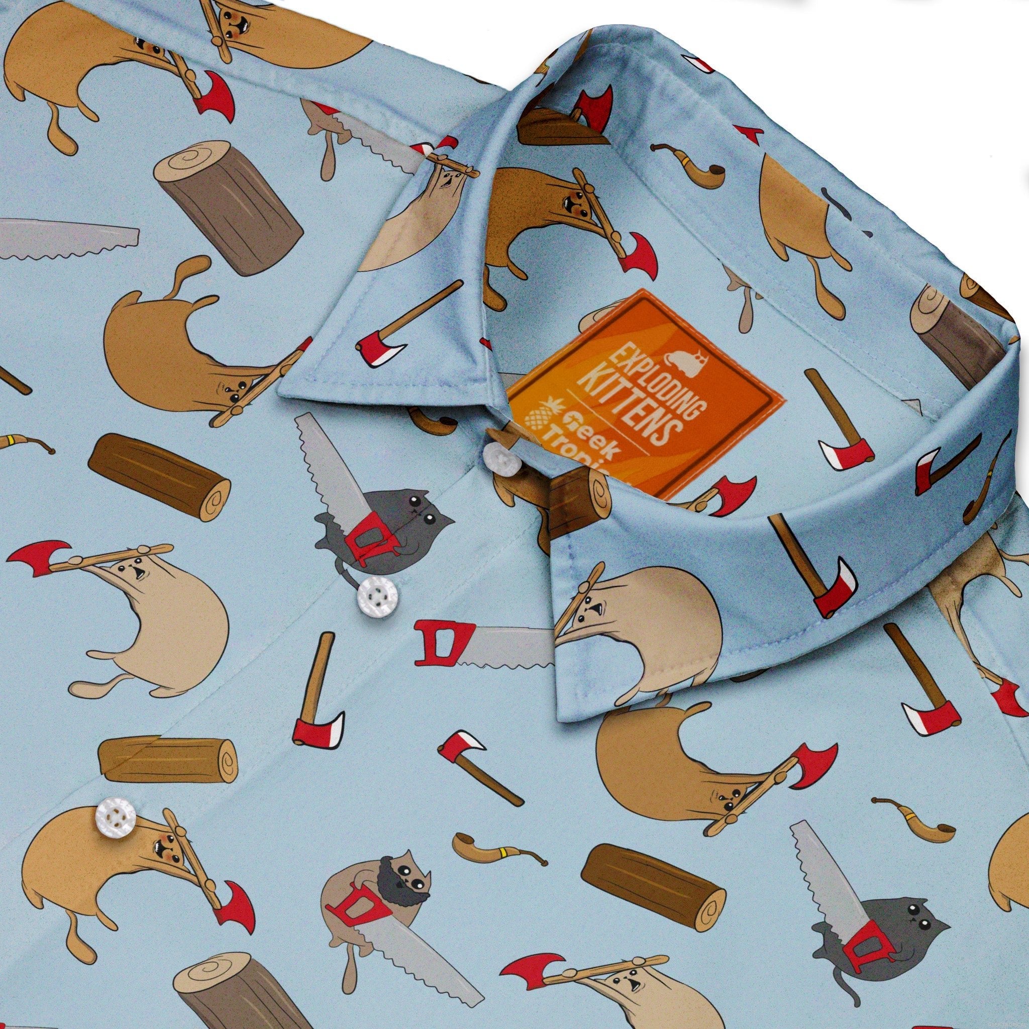 Exploding Kittens Lumber Cats Button Up Shirt - adult sizing - Animal Patterns - board game print