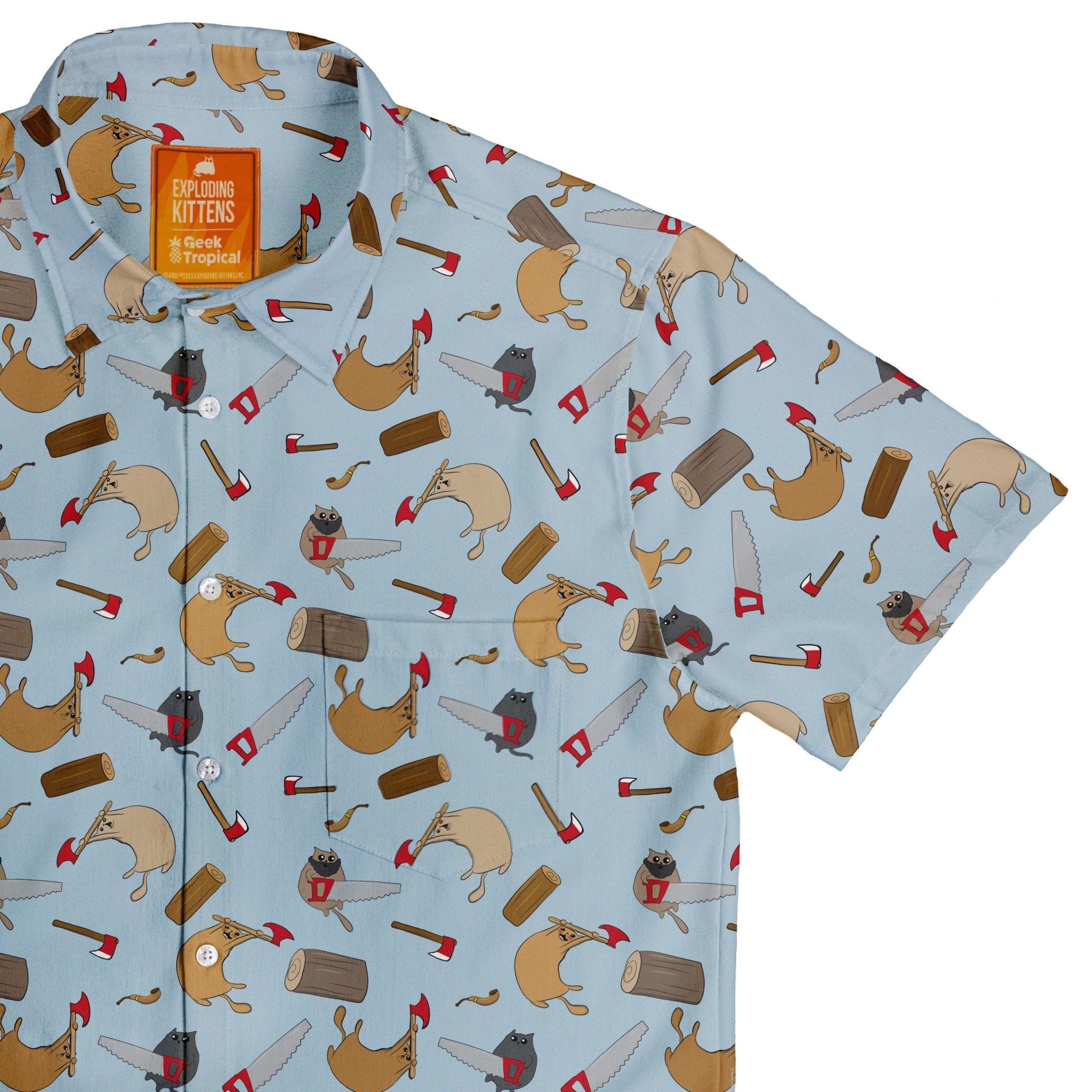 Exploding Kittens Lumber Cats Button Up Shirt - adult sizing - Animal Patterns - board game print