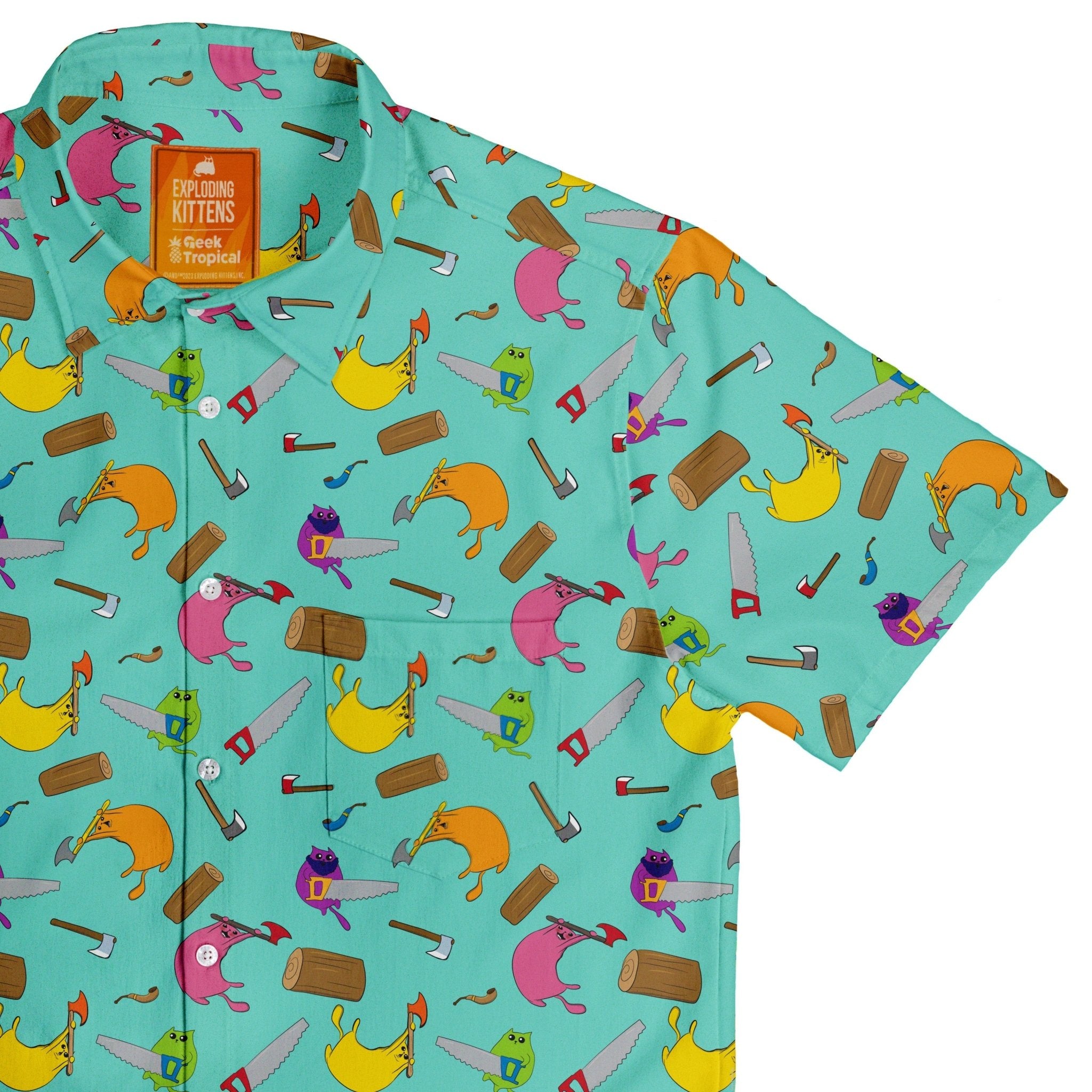 Exploding Kittens Lumber Cats Summer Button Up Shirt - adult sizing - Animal Patterns - board game print