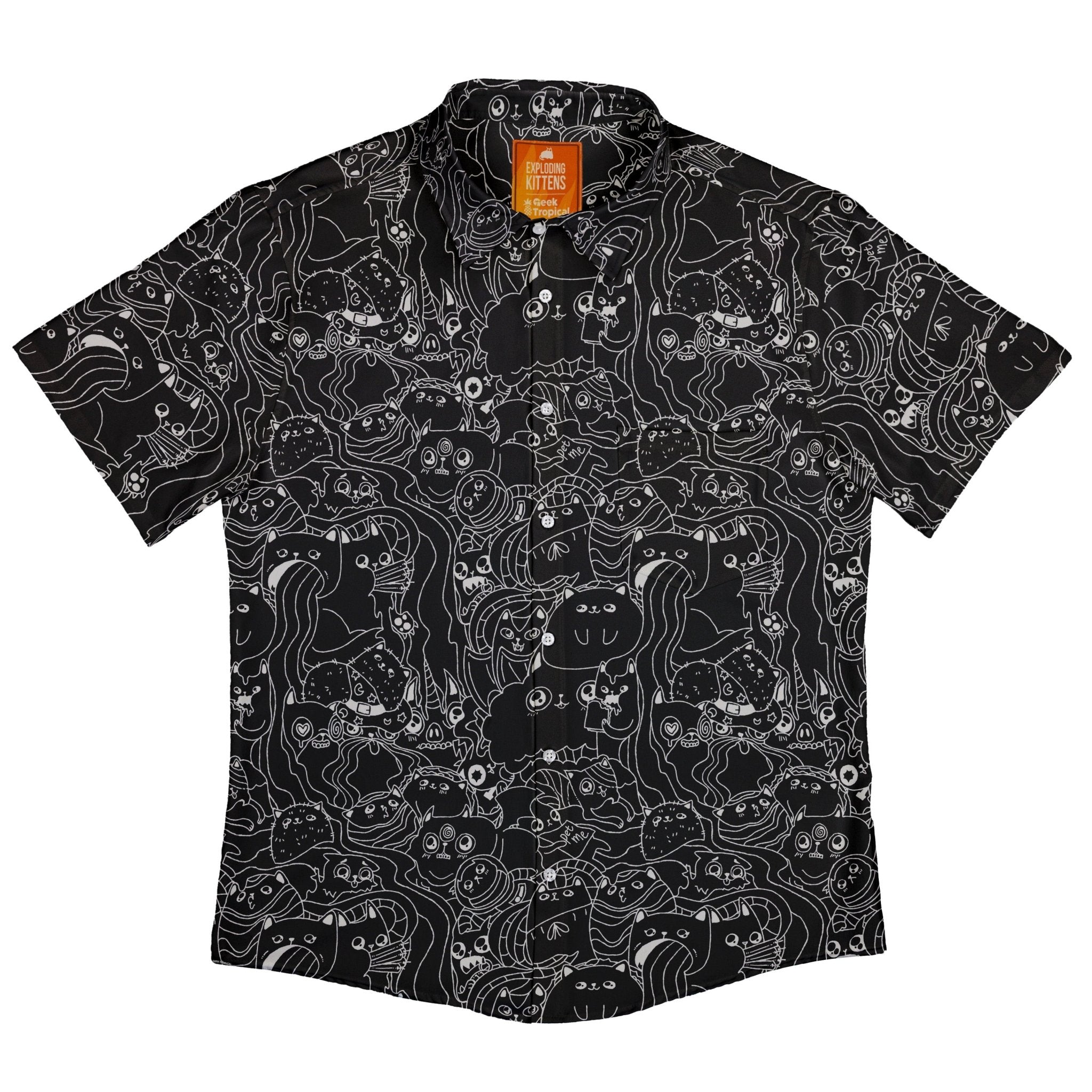 Exploding Kittens Mashup Black Button Up Shirt - adult sizing - Animal Patterns - board game print