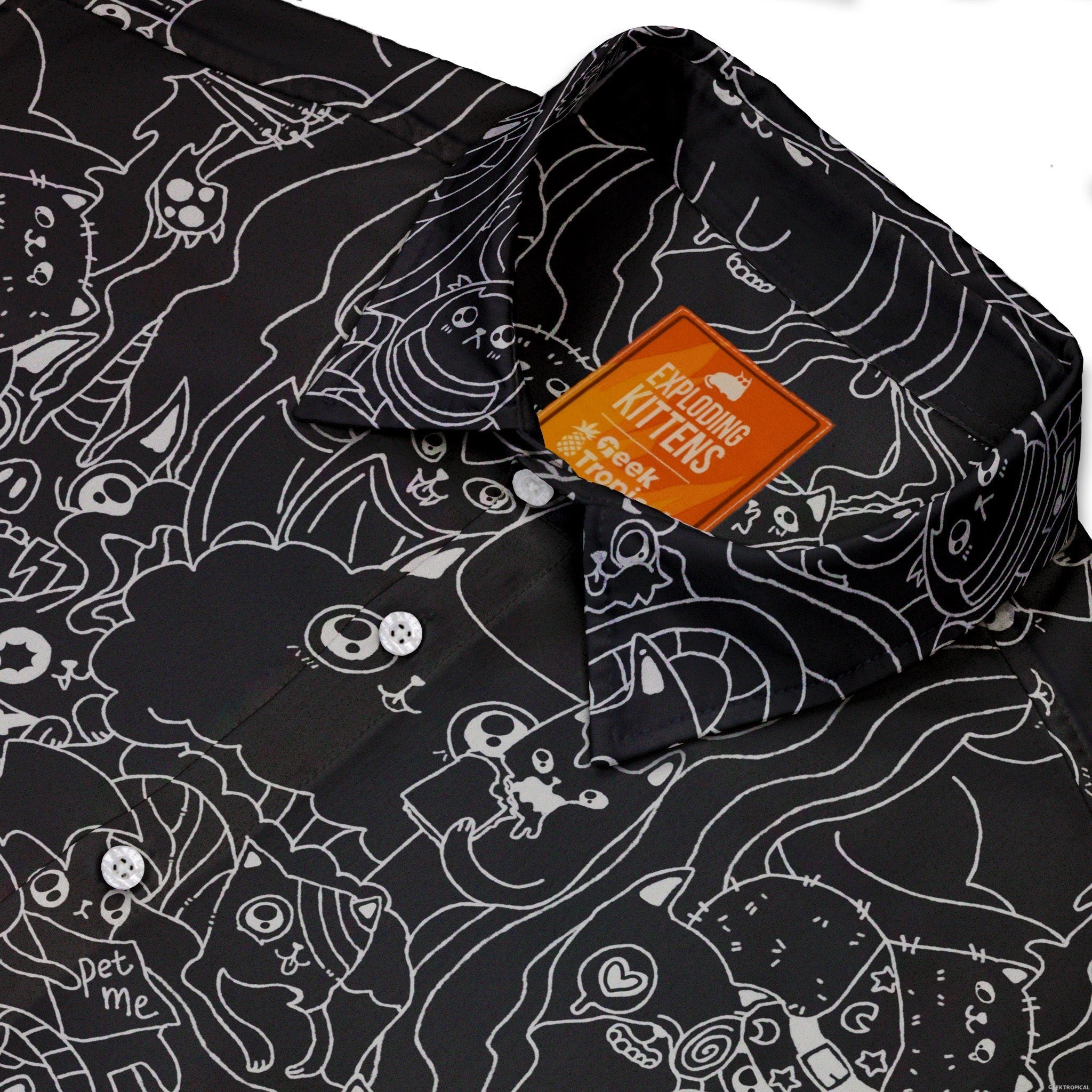 Exploding Kittens Mashup Black Button Up Shirt - adult sizing - Animal Patterns - board game print