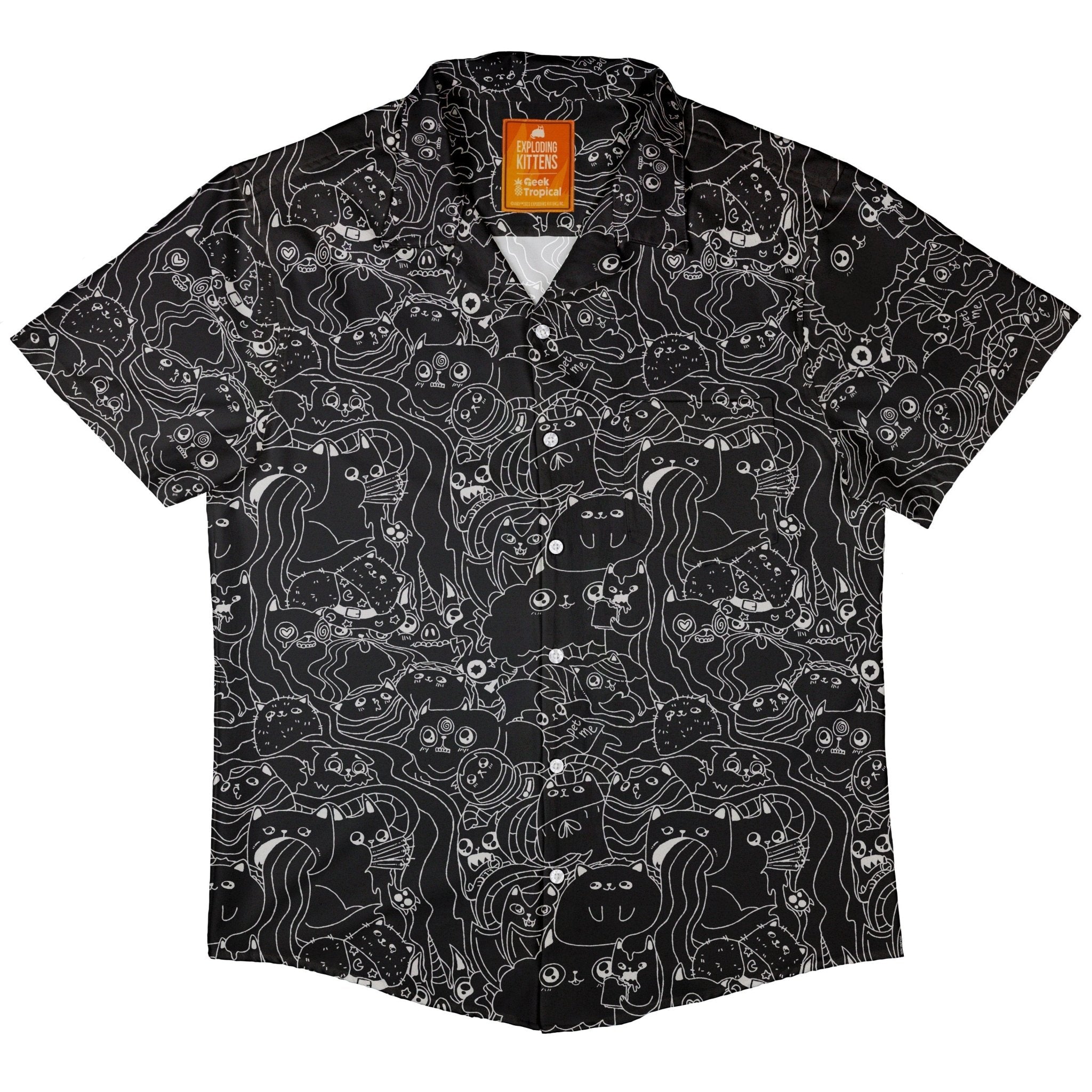 Exploding Kittens Mashup Black Button Up Shirt - adult sizing - Animal Patterns - board game print