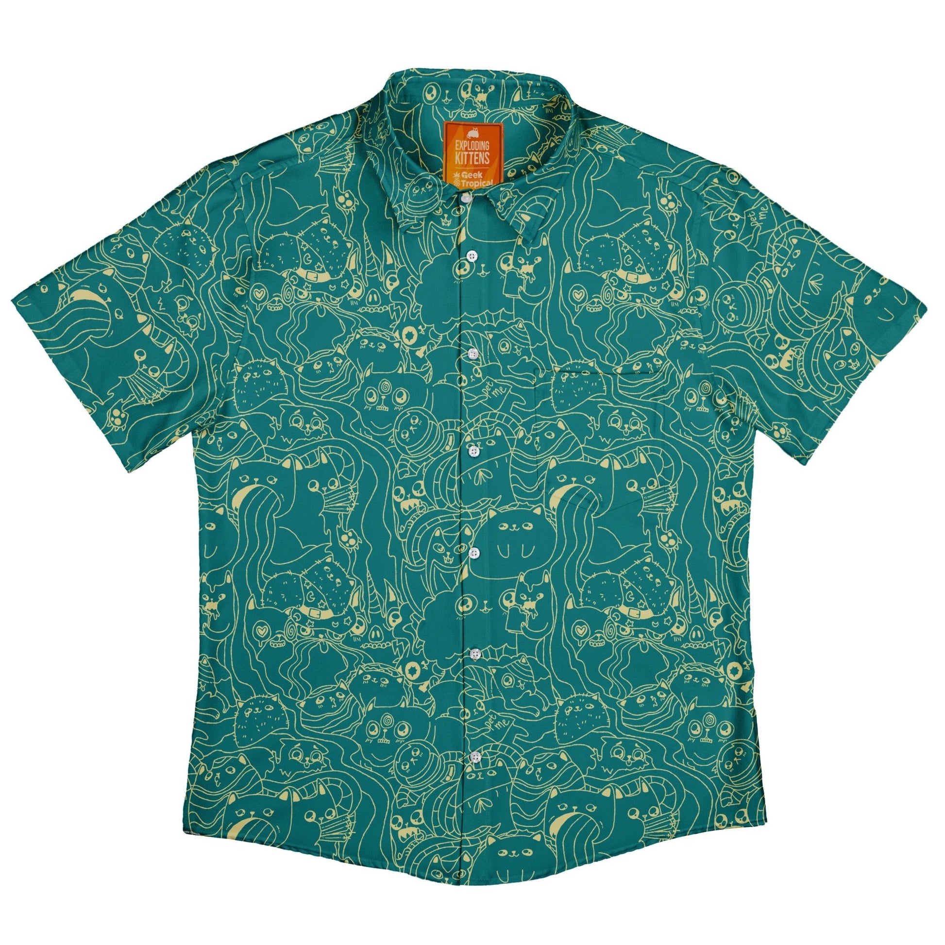 Exploding Kittens Mashup Mossy Teal Button Up Shirt - adult sizing - Animal Patterns - board game print