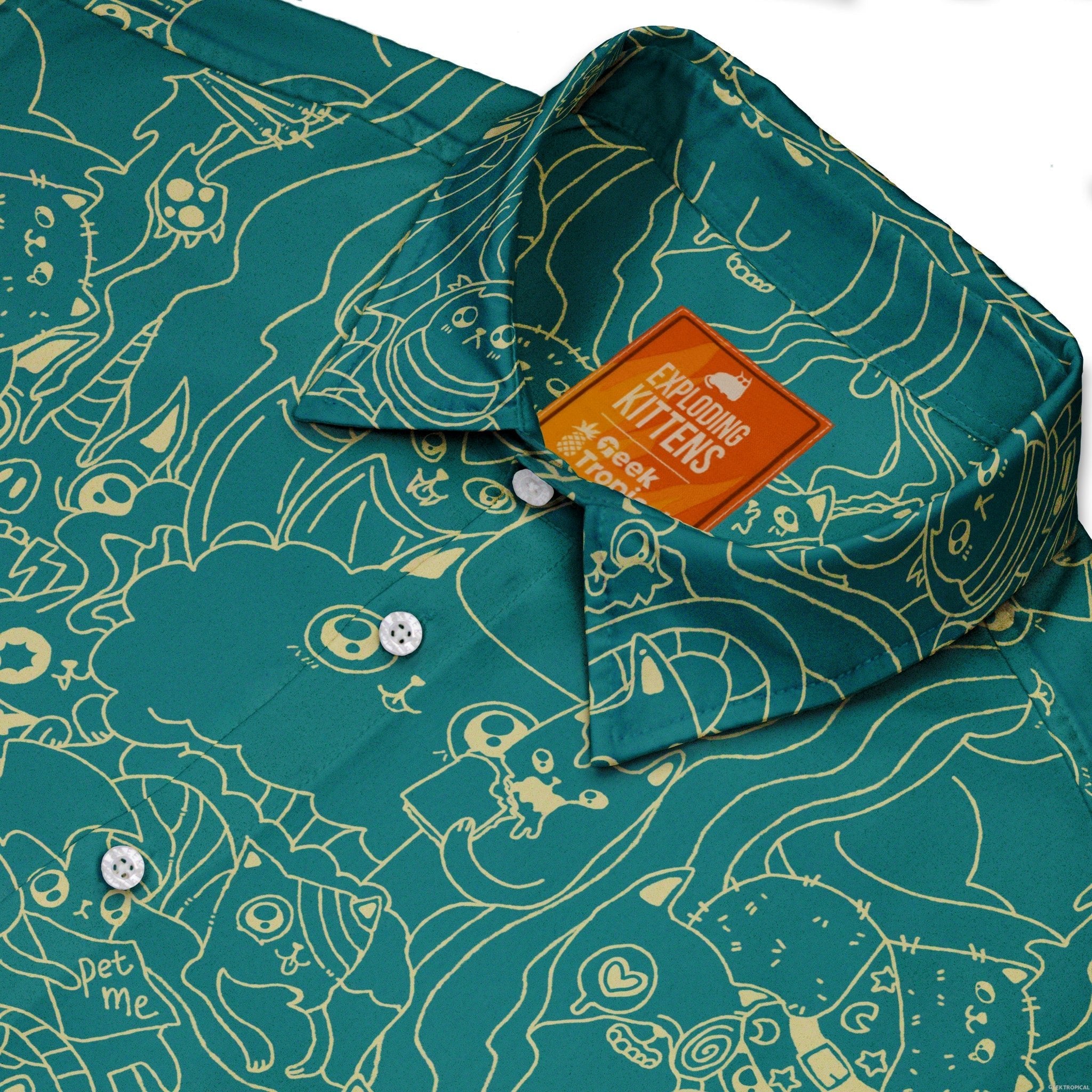 Exploding Kittens Mashup Mossy Teal Button Up Shirt - adult sizing - Animal Patterns - board game print