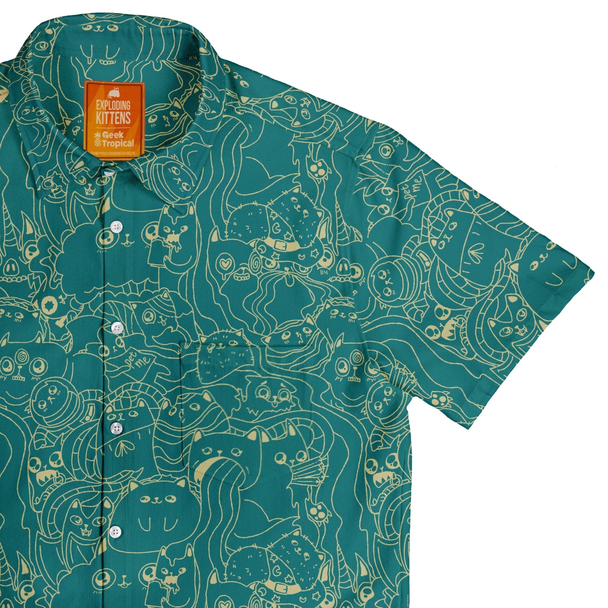 Exploding Kittens Mashup Mossy Teal Button Up Shirt - adult sizing - Animal Patterns - board game print