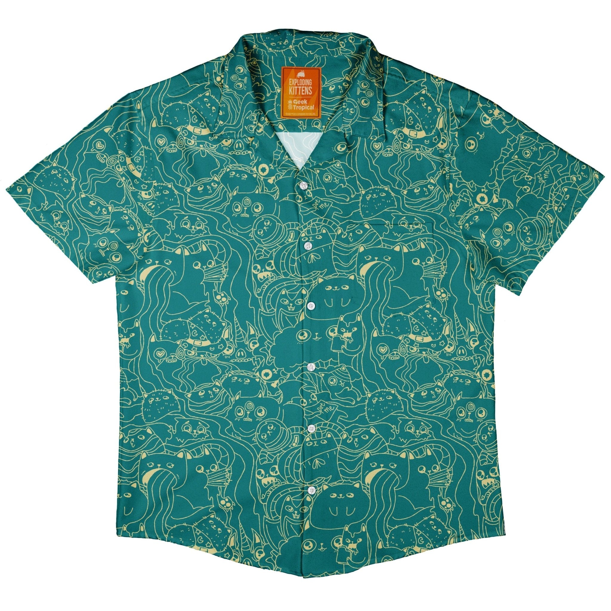 Exploding Kittens Mashup Mossy Teal Button Up Shirt - adult sizing - Animal Patterns - board game print