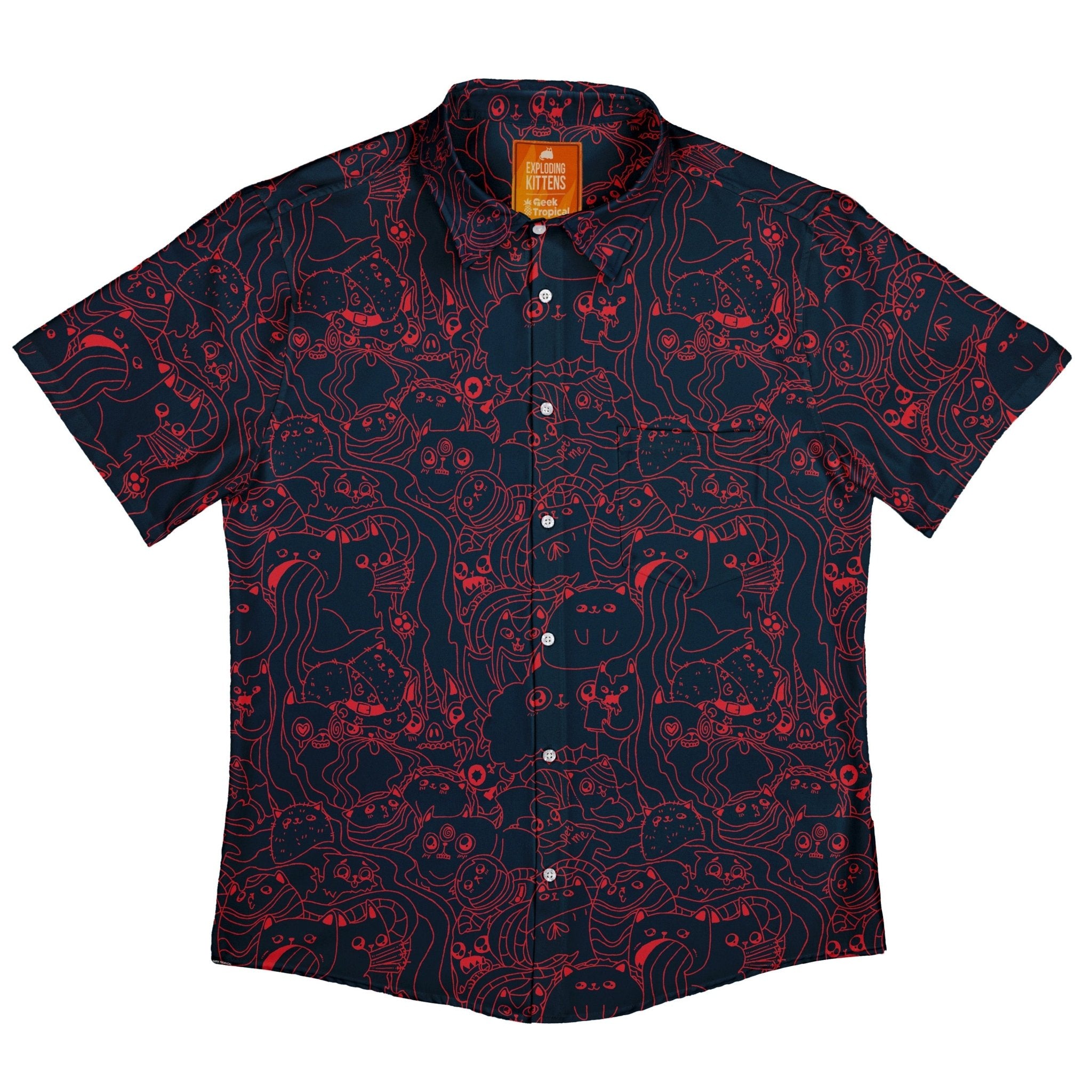 Exploding Kittens Mashup Navy Blue Button Up Shirt - adult sizing - Animal Patterns - board game print