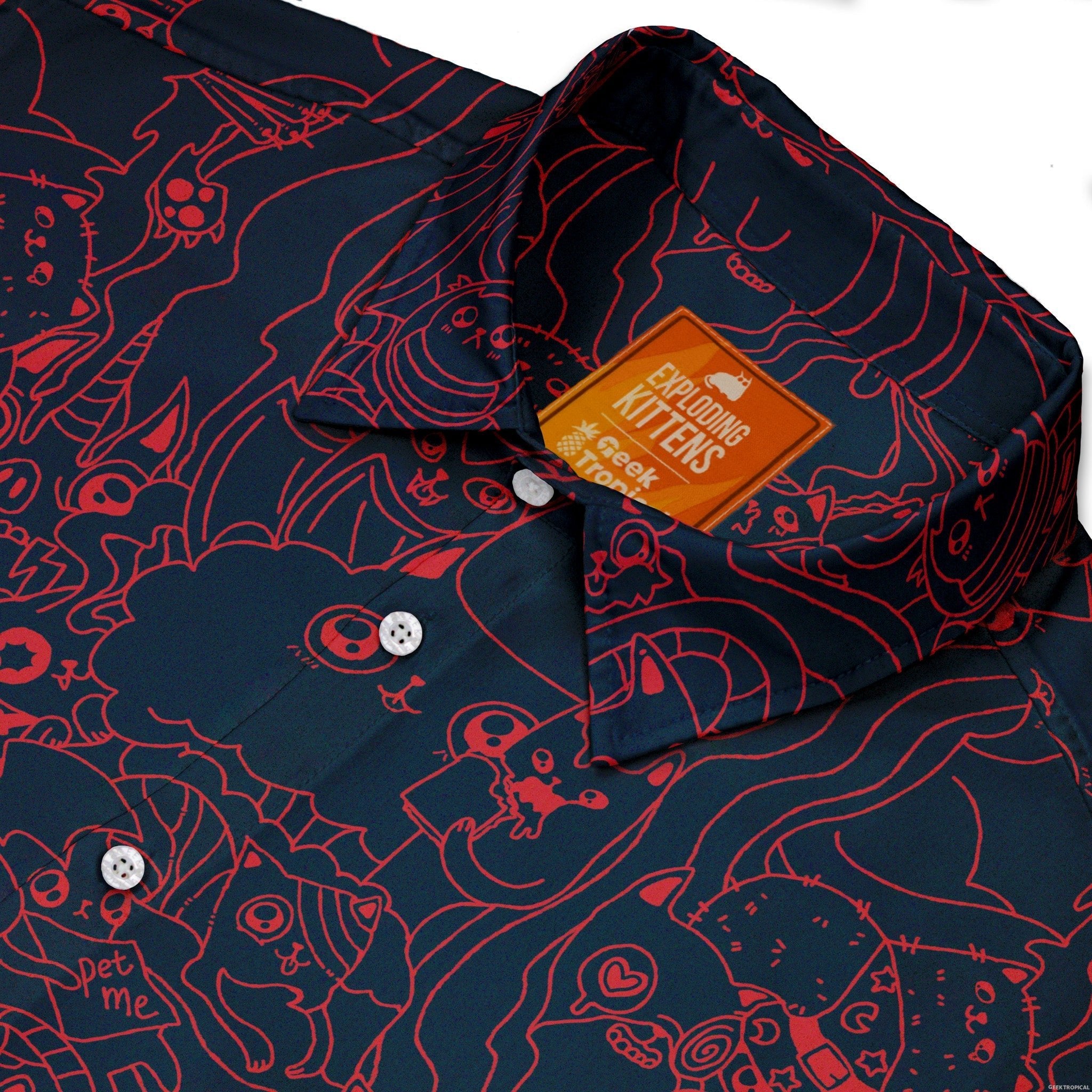 Exploding Kittens Mashup Navy Blue Button Up Shirt - adult sizing - Animal Patterns - board game print