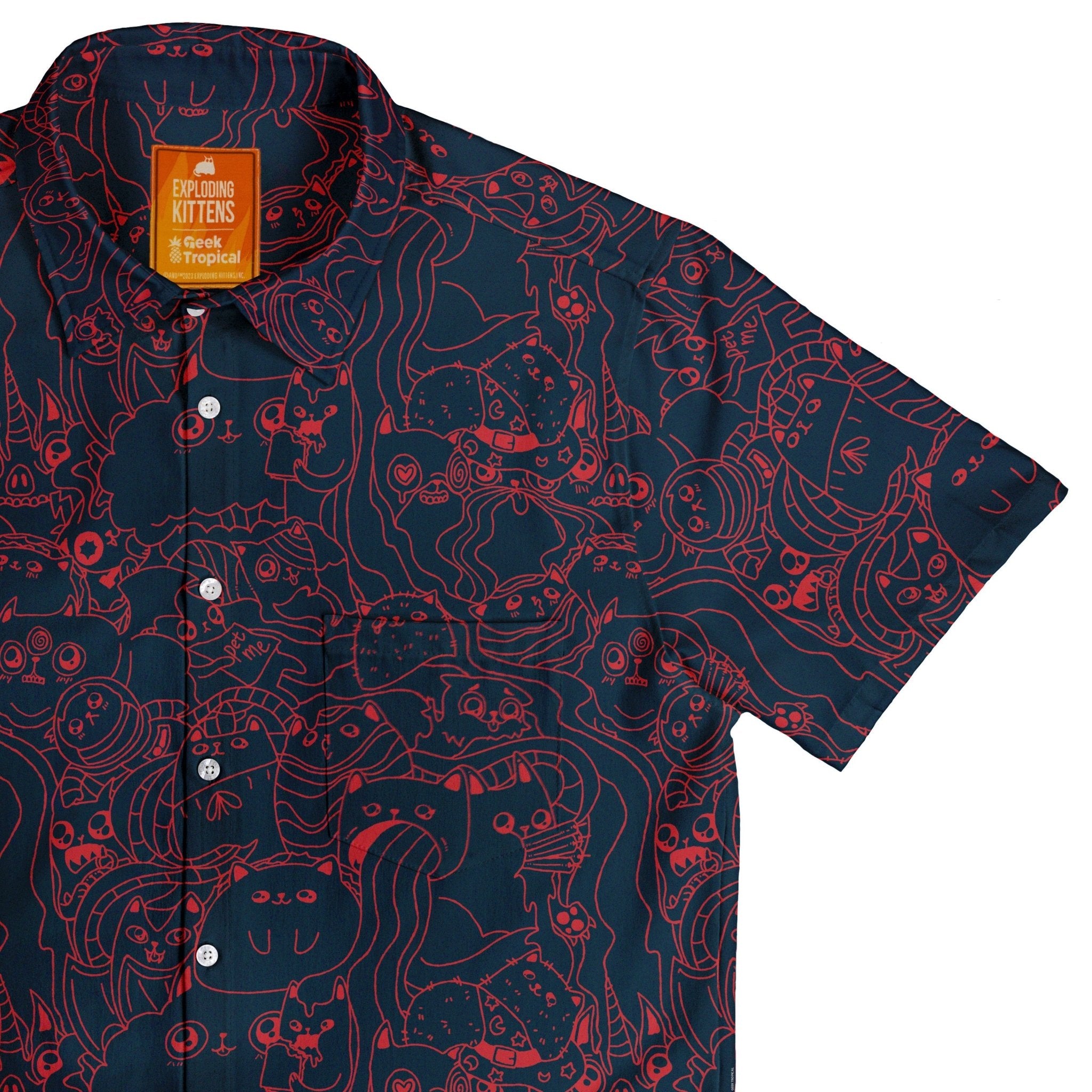 Exploding Kittens Mashup Navy Blue Button Up Shirt - adult sizing - Animal Patterns - board game print