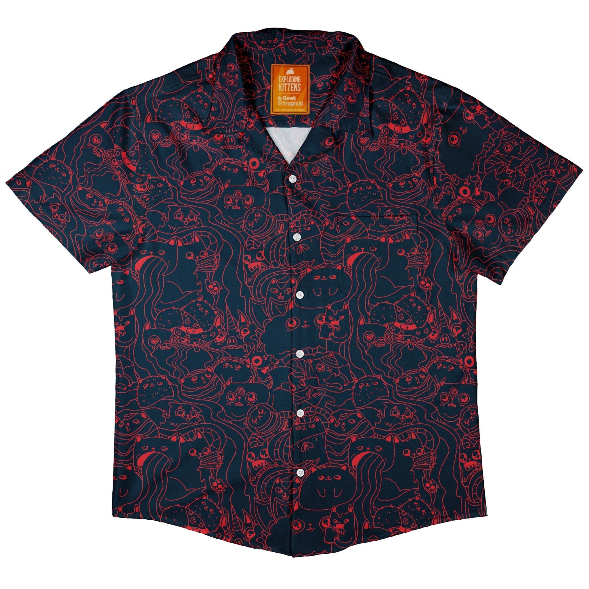 Exploding Kittens Mashup Navy Blue Button Up Shirt - adult sizing - Animal Patterns - board game print