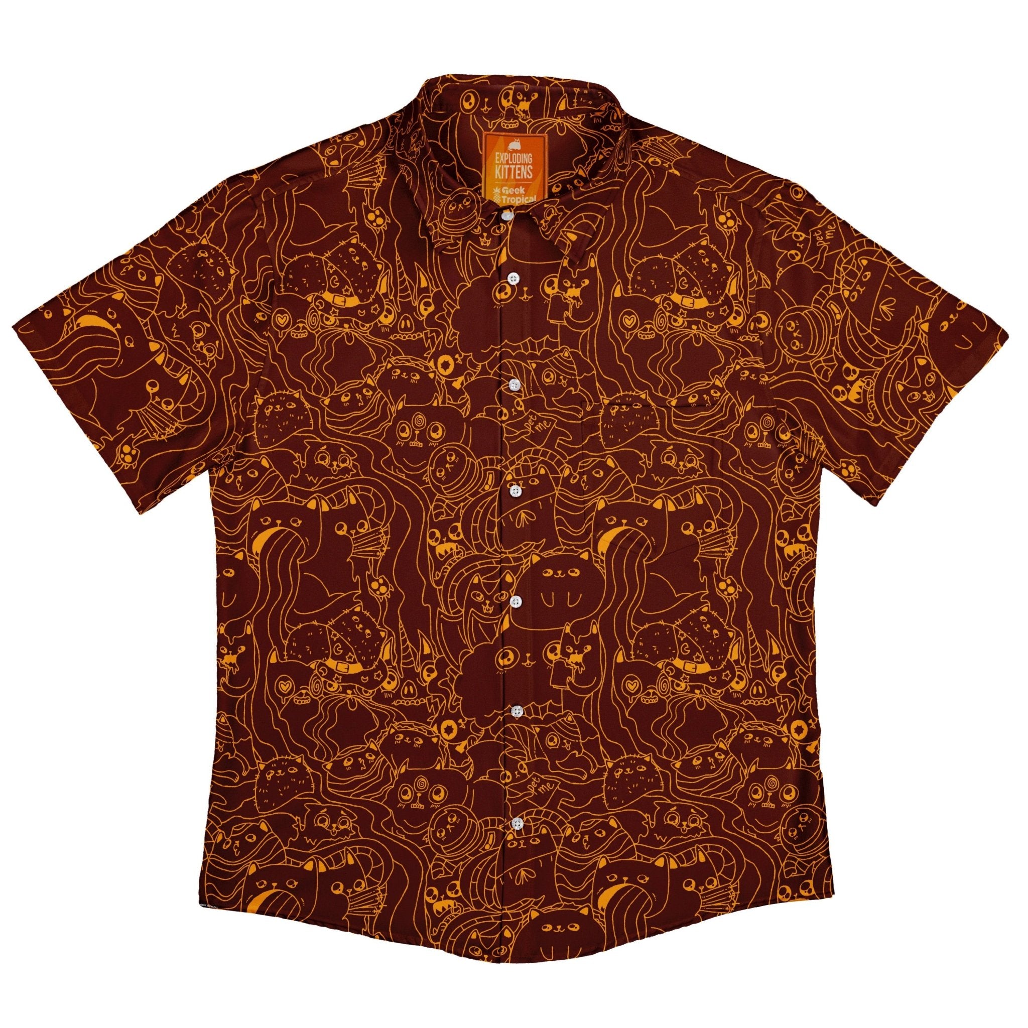 Exploding Kittens Mashup Red Brown Button Up Shirt - adult sizing - Animal Patterns - board game print