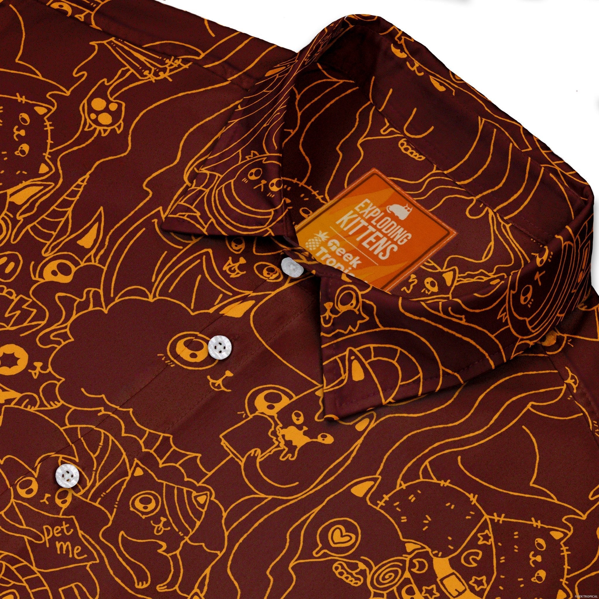 Exploding Kittens Mashup Red Brown Button Up Shirt - adult sizing - Animal Patterns - board game print