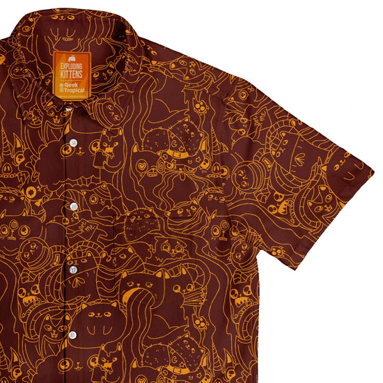 Exploding Kittens Mashup Red Brown Button Up Shirt - adult sizing - Animal Patterns - board game print