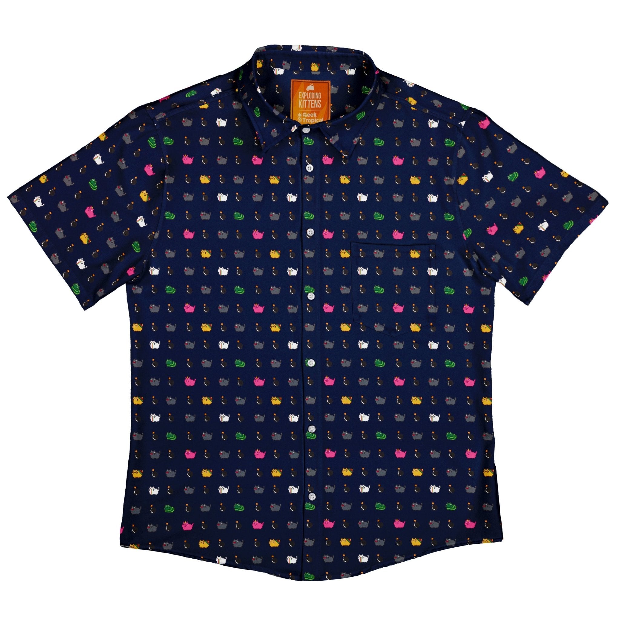 Exploding Kittens Pixel Cats Dark Blue Button Up Shirt - adult sizing - Animal Patterns - board game print