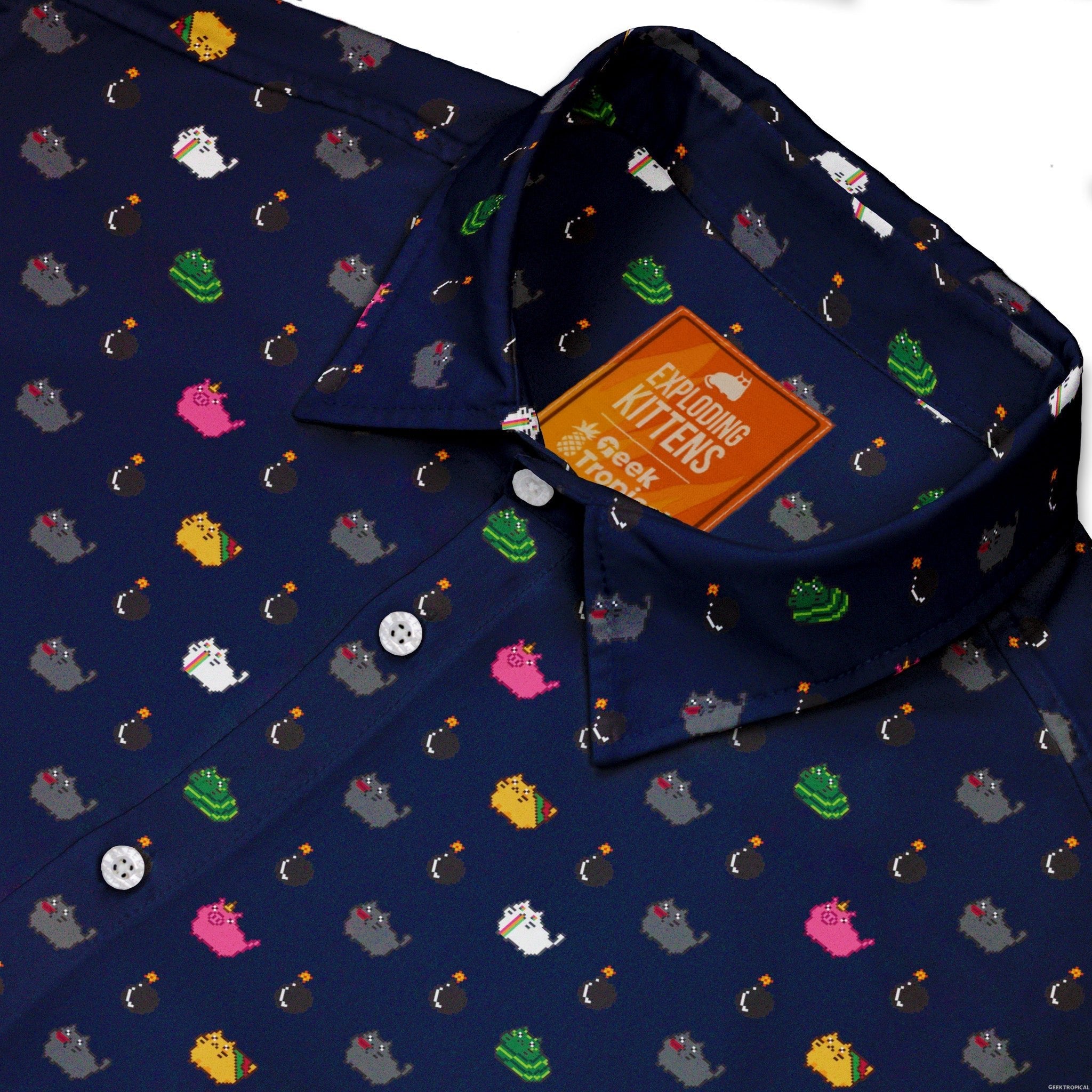 Exploding Kittens Pixel Cats Dark Blue Button Up Shirt - adult sizing - Animal Patterns - board game print