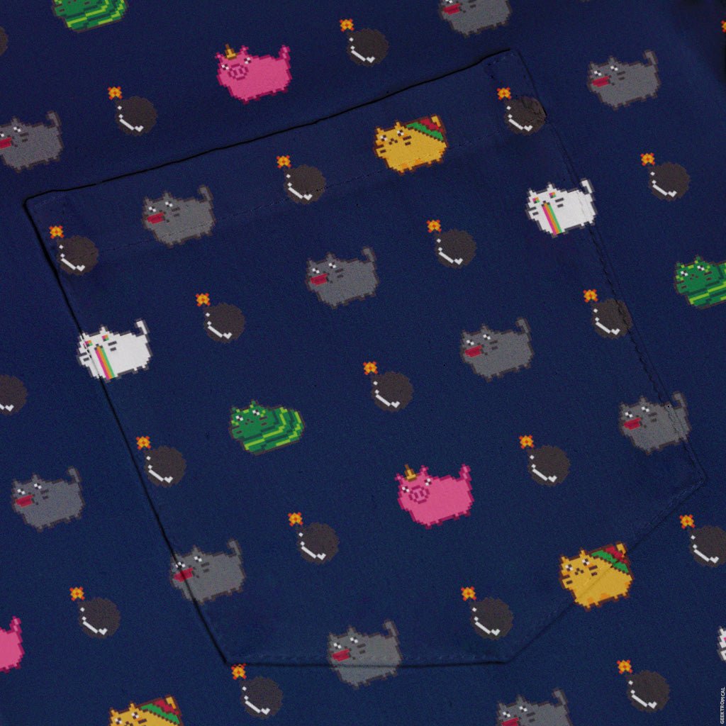 Exploding Kittens Pixel Cats Dark Blue Button Up Shirt - adult sizing - Animal Patterns - board game print
