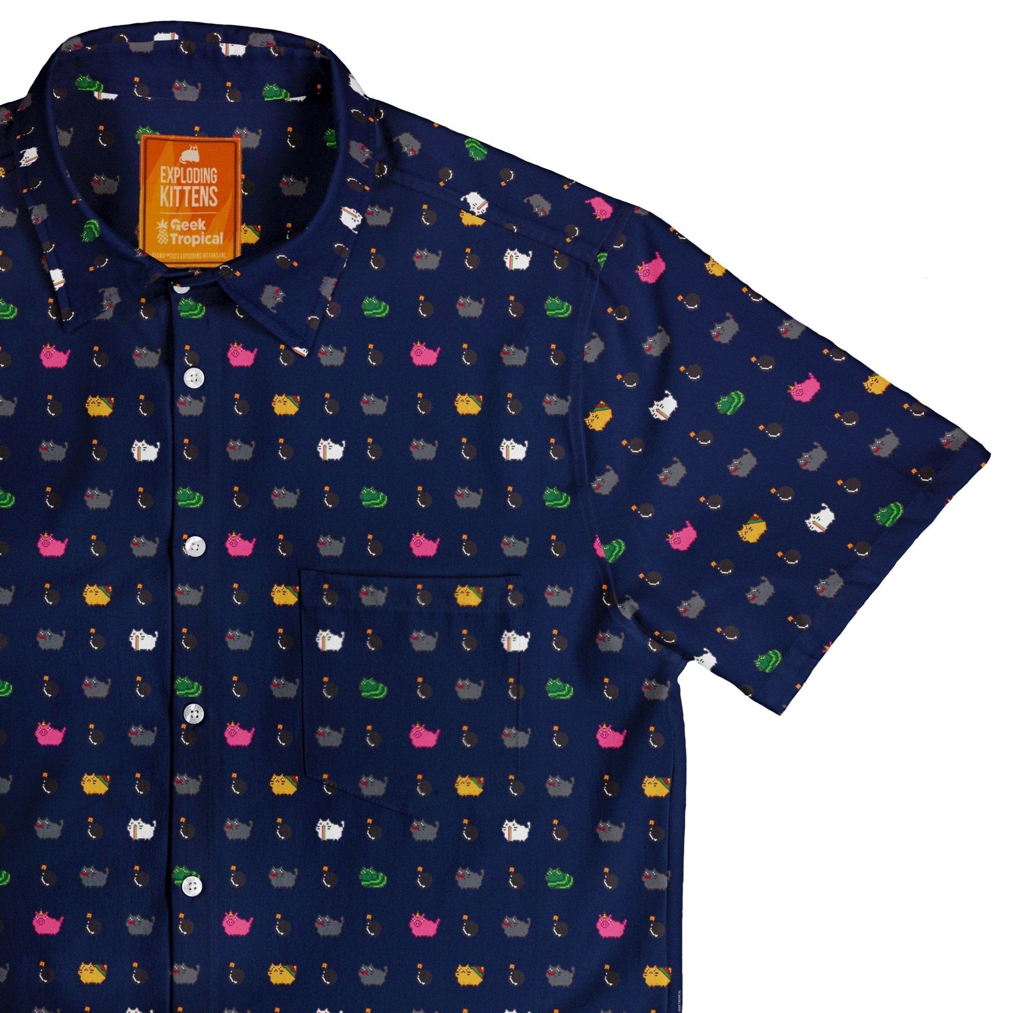 Clearance Ready - to - Ship Exploding Kittens Pixel Cats Dark Blue Button Up Shirt Geek Nerd adult sizing Animal Patterns board game print