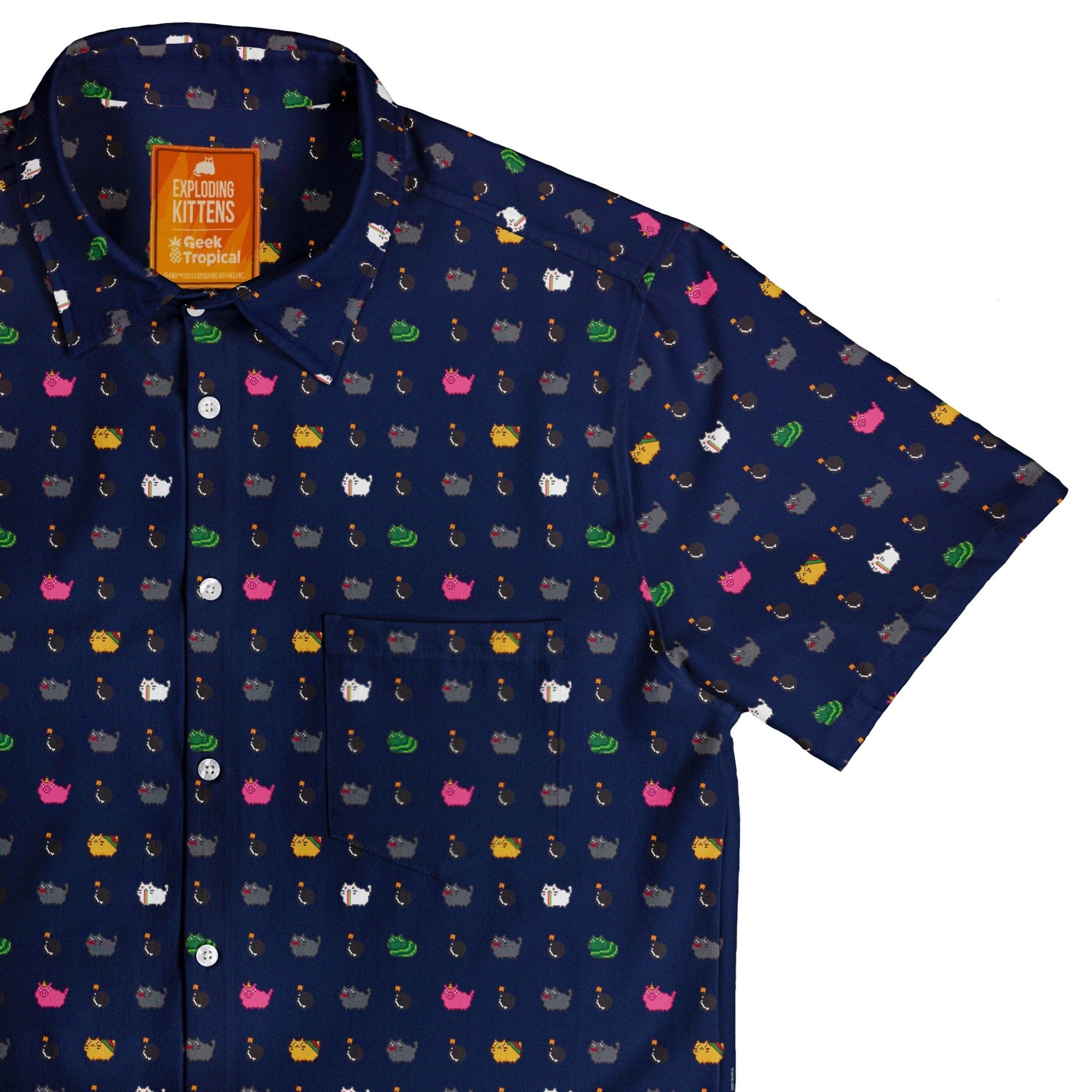 Exploding Kittens Pixel Cats Dark Blue Button Up Shirt - adult sizing - Animal Patterns - board game print