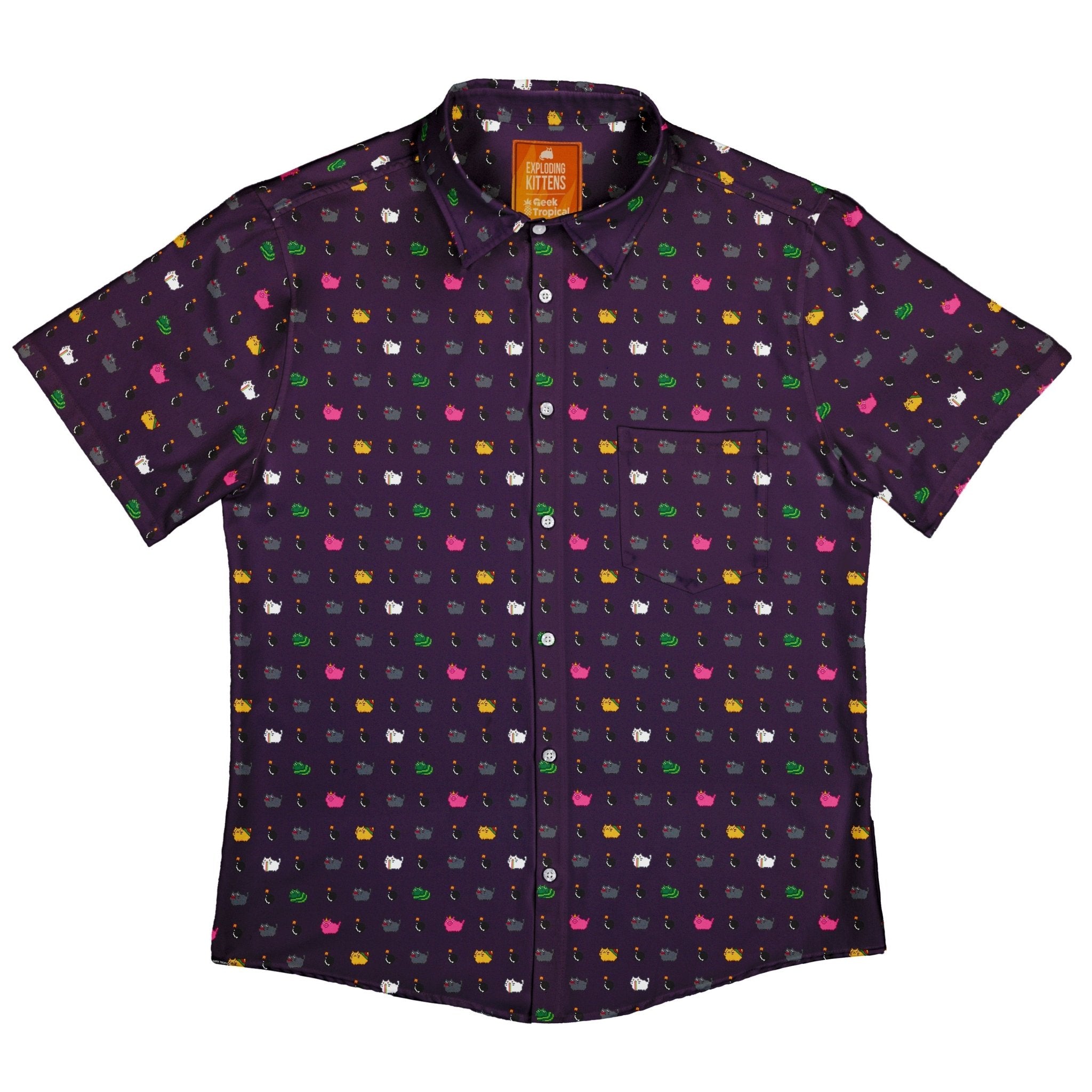 Exploding Kittens Pixel Cats Dark Button Up Shirt - adult sizing - Animal Patterns - board game print